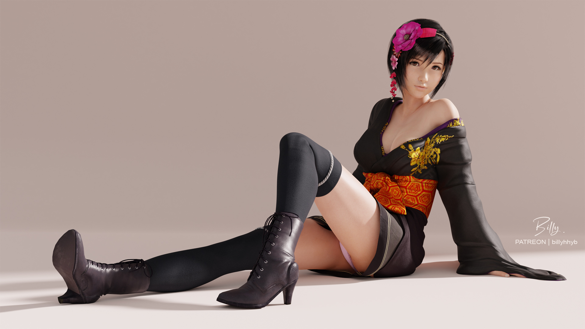 3d, asian, asian female, bare shoulders, billyhhyb, black hair, boots, breasts, brown eyes, busty, cleavage, female, female focus, female only, final fantasy, final fantasy vii, hourglass figure, kimono, medium breasts, pinup, pinup pose, sfw, short hair, skirt, tagme, thighhighs, upskirt, wide hips, yuffie kisaragi