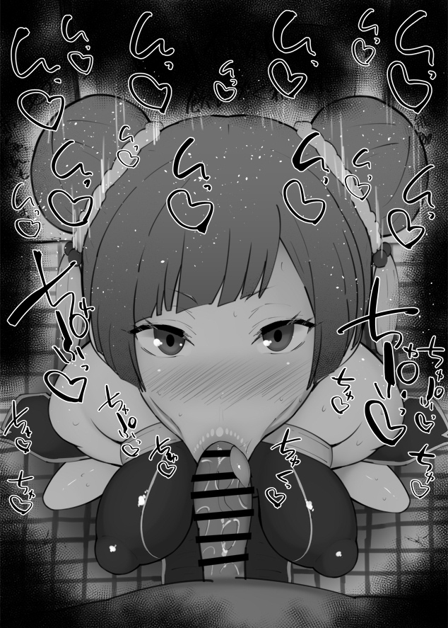 :>=, 1boy, 1girls, bare shoulders, big breasts, big penis, black and white, blowjob, blush, breasts, censored, dark skin, dark-skinned male, detailed background, double bun, drooling, eyelashes, fellatio, female, hair bun, heart, human, indoor, indoors, kurotama, laufen (sousou no frieren), looking at viewer, male, male pov, oral, oral sex, penis, pov, saliva, shiny, shiny skin, short hair, sketch, sound effects, sousou no frieren, squatting, stockings, text, tied hair, tongue, tongue out, vein, veins, veiny, veiny penis