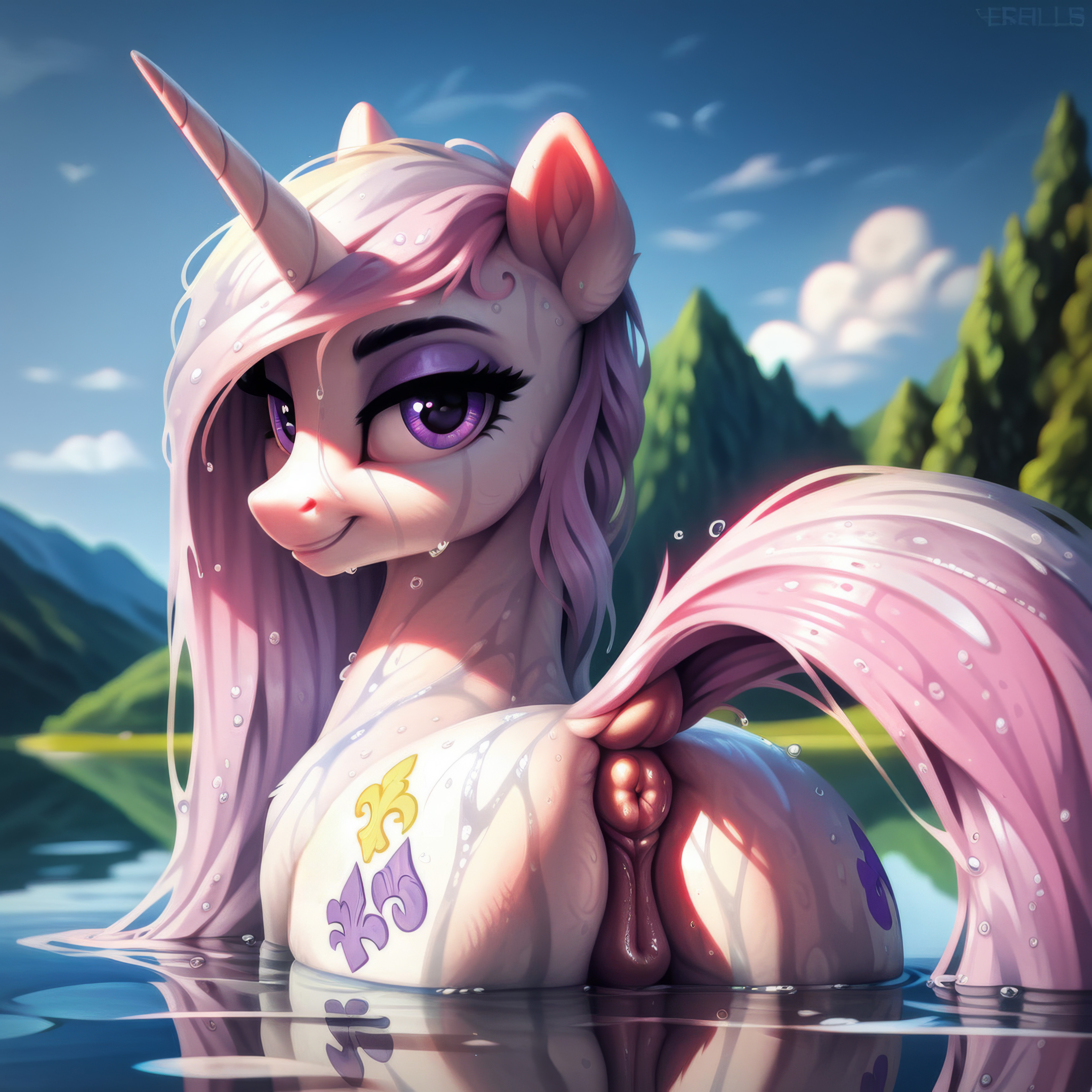 1girls, ai generated, anatomically correct, anatomically correct genitalia, anatomically correct pussy, animal genitalia, animal pussy, anus, ass, cutie mark, dock, equid, equine, equine genitalia, equine pussy, eyeshadow, female, female only, feral, feral only, fleur de lis (mlp), friendship is magic, furry, hasbro, horn, horse, mammal, mane, my little pony, pink eyes, pink eyeshadow, pony, presenting hindquarters, pussy, rear view, smile, tail, unicorn