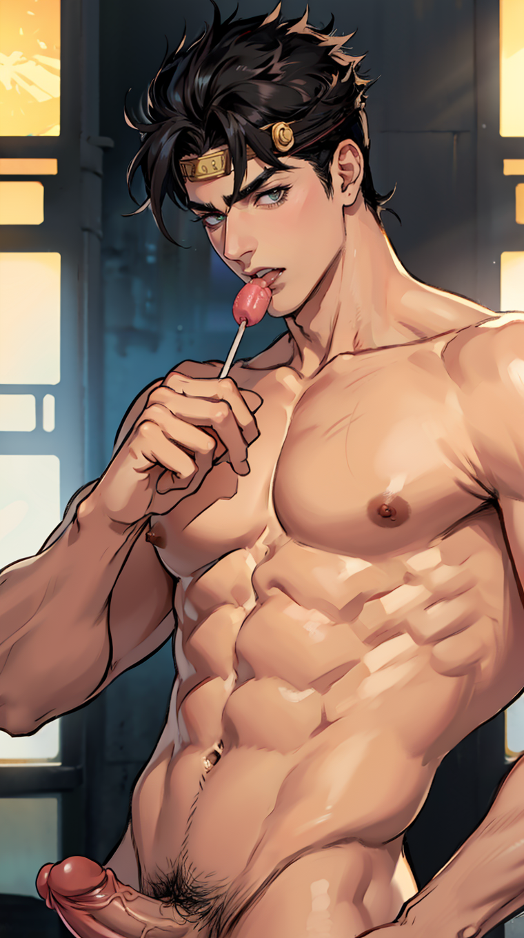 ai_generated jojo's_bizarre_adventure jotaro_kujo licking_lollipop lollipop lollipop_in_mouth male male_only nude_male penis pubic_hair stardust_crusaders