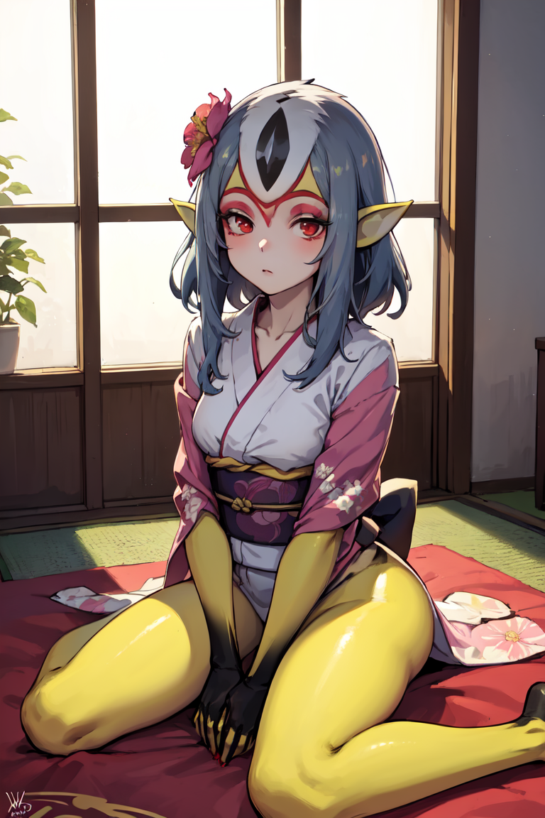 1girls ai_generated blue_submarine_no._6 breasts female flower_in_hair grey_hair humanoid kimono kneeling long_hair looking_at_viewer marine monster_girl mutio navel pointy_ears red_eyes wide_hips yellow_skin