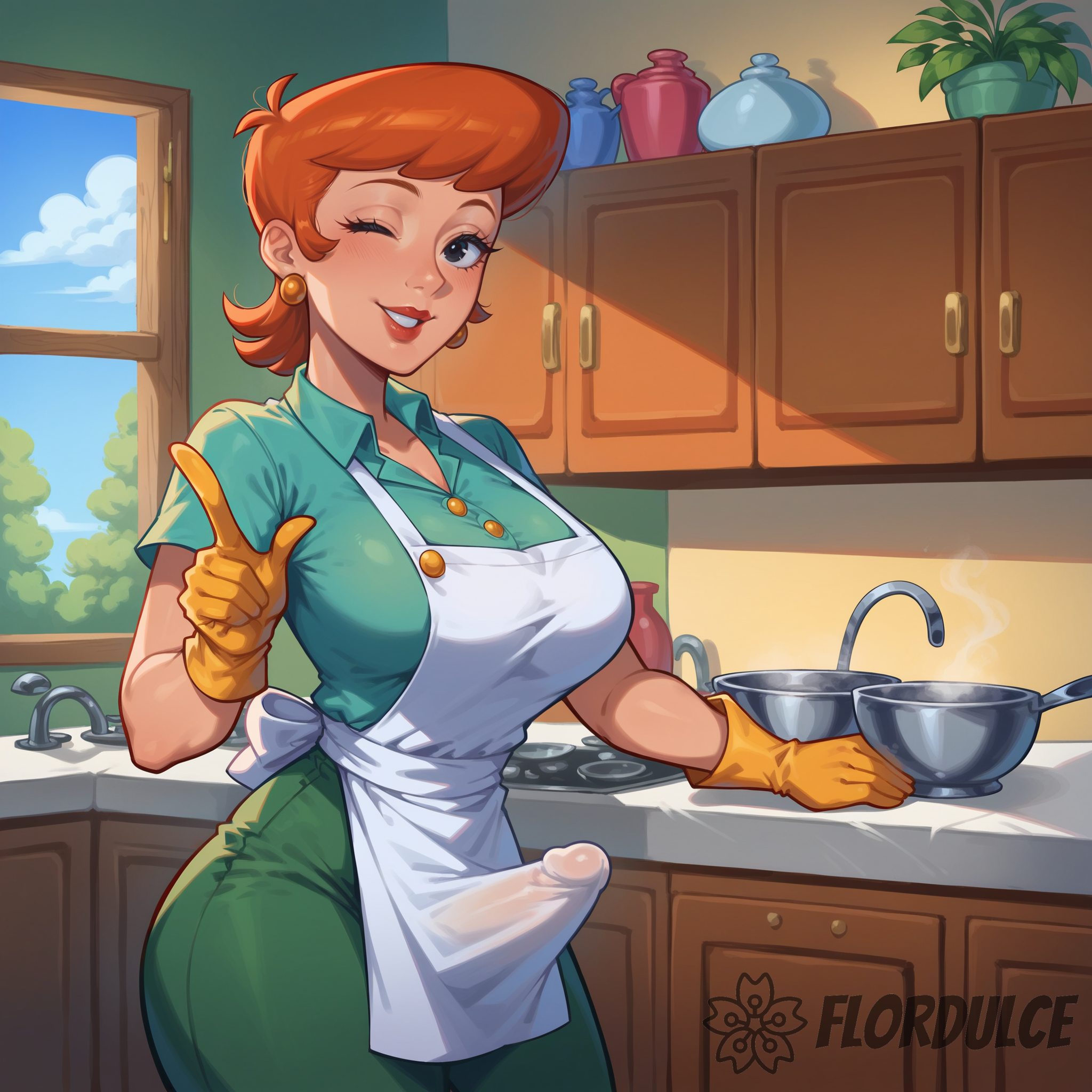 ai generated, apron, black eyes, bulge, collared shirt, dexter's laboratory, dexter's mom, earrings, erect penis, erection, erection under clothes, female, flordulce, fully clothed, futa only, futanari, green pants, green shirt, indoors, intersex, kitchen, lipstick, milf, mommy, orange hair, pants, penis, shirt, smile, solo futa, standing, wink, winking, yellow gloves