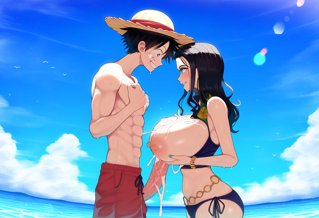 ai generated, bikini, bikini bottom, bikini top, breasts, dreson, female, huge breasts, male, monkey d luffy, nico robin, nipples, one piece, paizuri, pre-timeskip, straight, straw hat