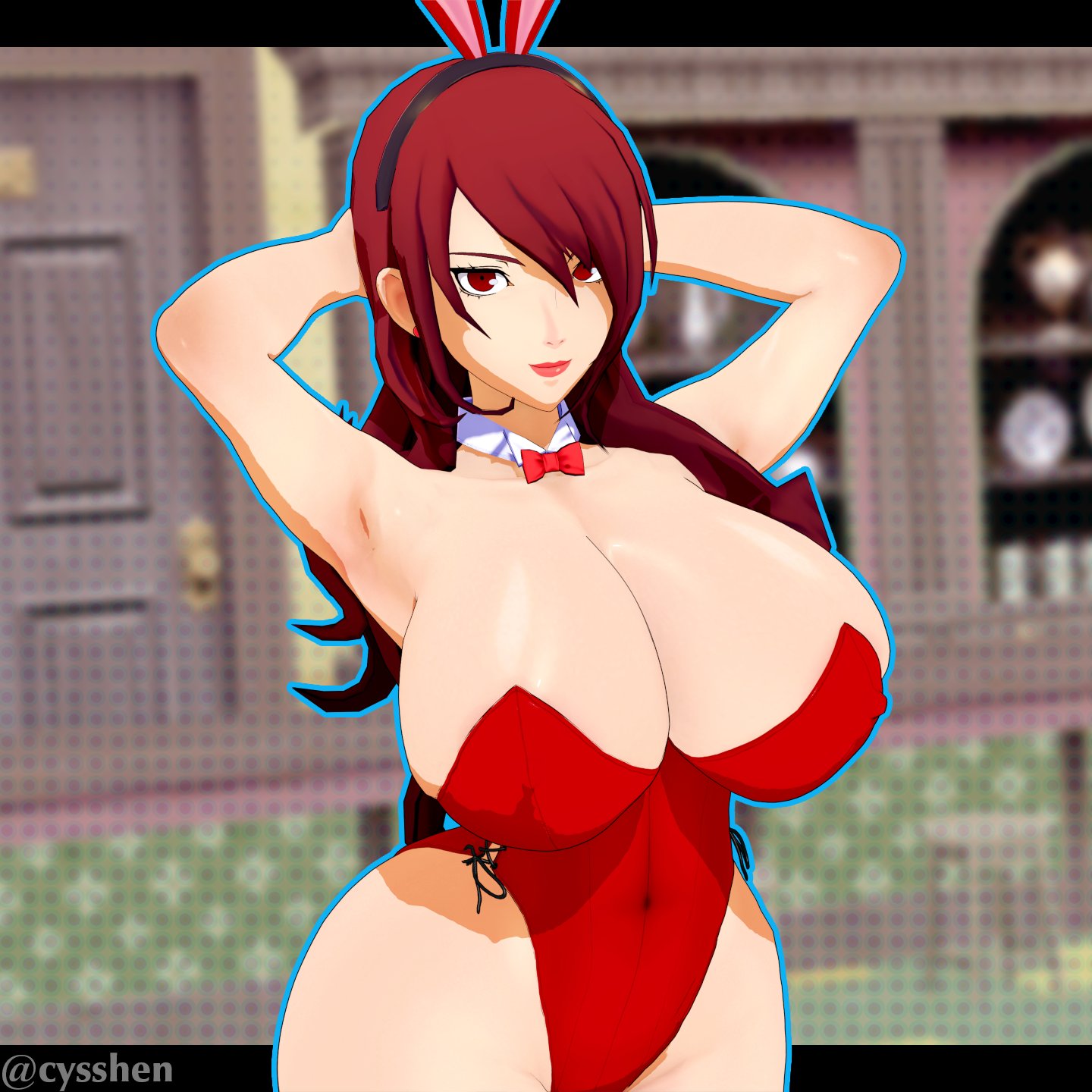 3d, 3d (artwork), armpits, arms behind head, arms up, ass, breasts, bunny ears, bunnysuit, cyshen, female, female only, huge ass, huge breasts, huge thighs, koikatsu, large ass, large breasts, large thighs, mitsuru kirijo, persona, persona 3, red eyes, red hair, solo, solo female