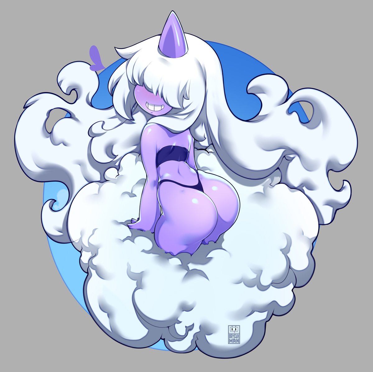 1girls, ass, bayeuxman, big ass, bubble ass, bubble butt, dazzi (pal), female, hair over eyes, heart, hidden eyes, horn, long hair, looking at viewer, pal (species), palworld, panties, ponytail, purple body, purple skin, raijin daughter, smaller female, smile, smiling, smiling at viewer, tagme, thick hips, thick thighs, thighs, white hair