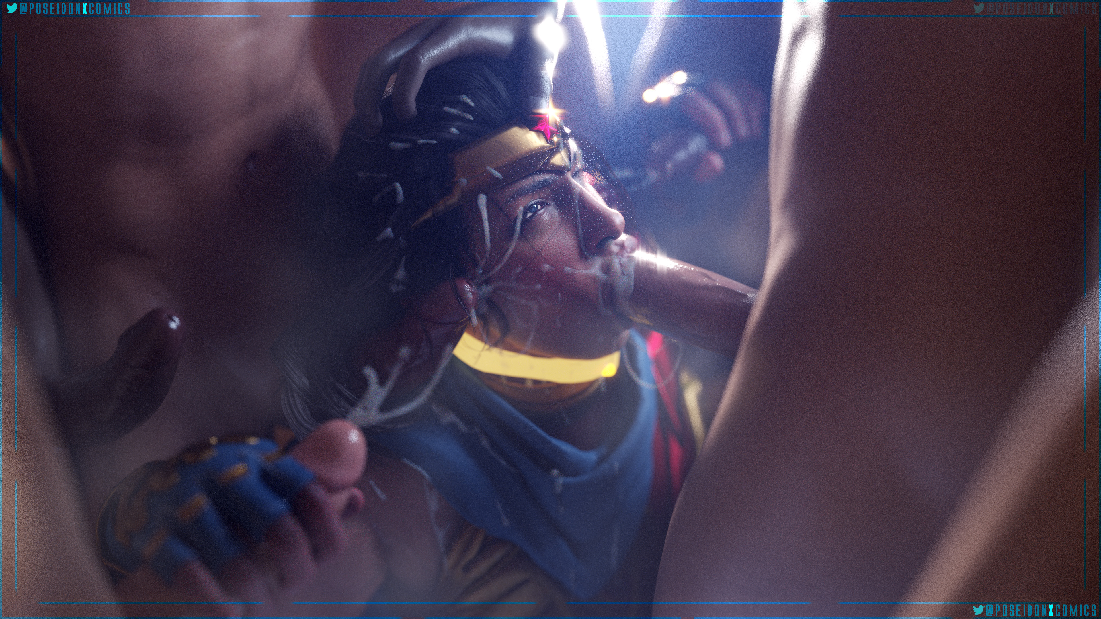 3d, blowbang, blowjob, blowjob face, bukkake, covered in cum, cum, cum in mouth, dc, dc comics, diana prince, female, group, group sex, justice league, male, multiple boys, multiple males, poseidonx, suicide squad, suicide squad: kill the justice league, wonder woman, wonder woman (series), wonder woman (suicide squad game)