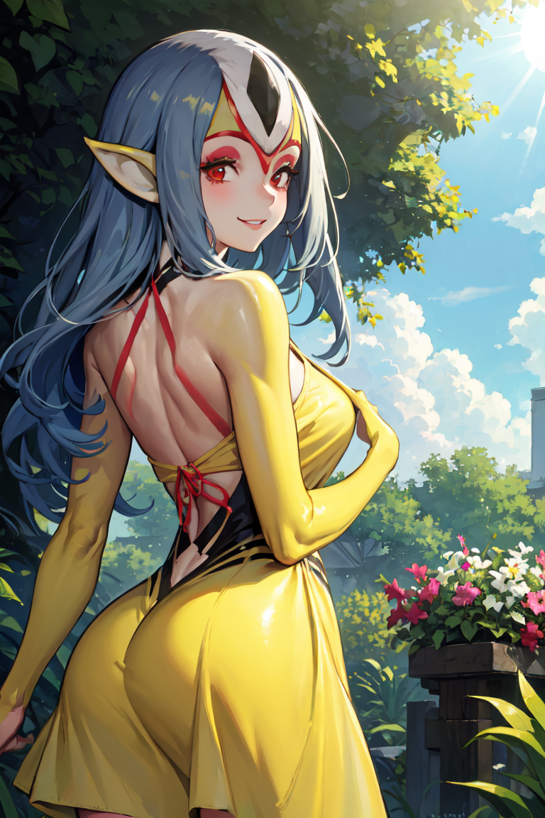 1girls ai_generated ass big_ass blue_submarine_no._6 breasts dress female grey_hair humanoid long_hair looking_at_viewer marine monster_girl mutio navel pointy_ears red_eyes smiling tagme wide_hips yellow_skin