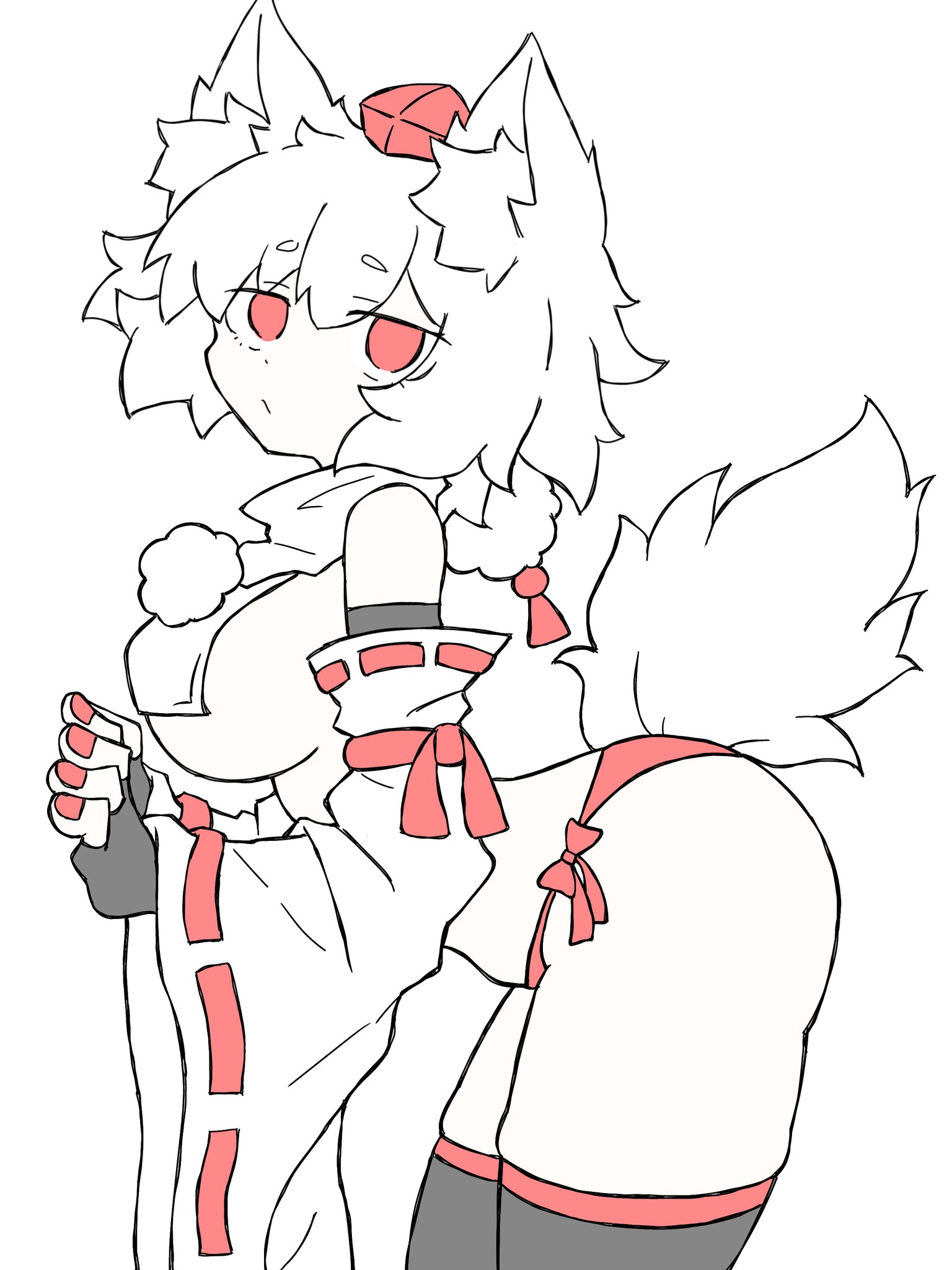 1girls, ass, ass up, big ass, big breasts, breasts, female, momiji inubashiri, red eyes, red nails, red underwear, sideboob, tengu, touhou, underwear, white body, white fur, white hair, wolf ears, wolf girl, wolf tail