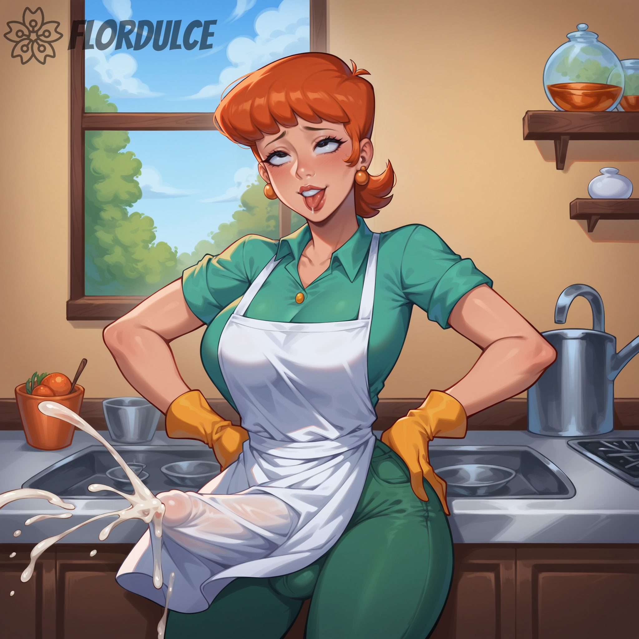 ahe gao, ai generated, apron, black eyes, bulge, collared shirt, cum, cumming, cumshot, dexter's laboratory, dexter's mom, earrings, ejaculation, ejaculation under clothes, erect penis, erection, erection under clothes, female, flordulce, fully clothed, futa only, futanari, green pants, green shirt, hands on hips, indoors, intersex, kitchen, lipstick, milf, mommy, orange hair, orgasm, pants, penis, shirt, solo futa, standing, tongue, tongue out, yellow gloves