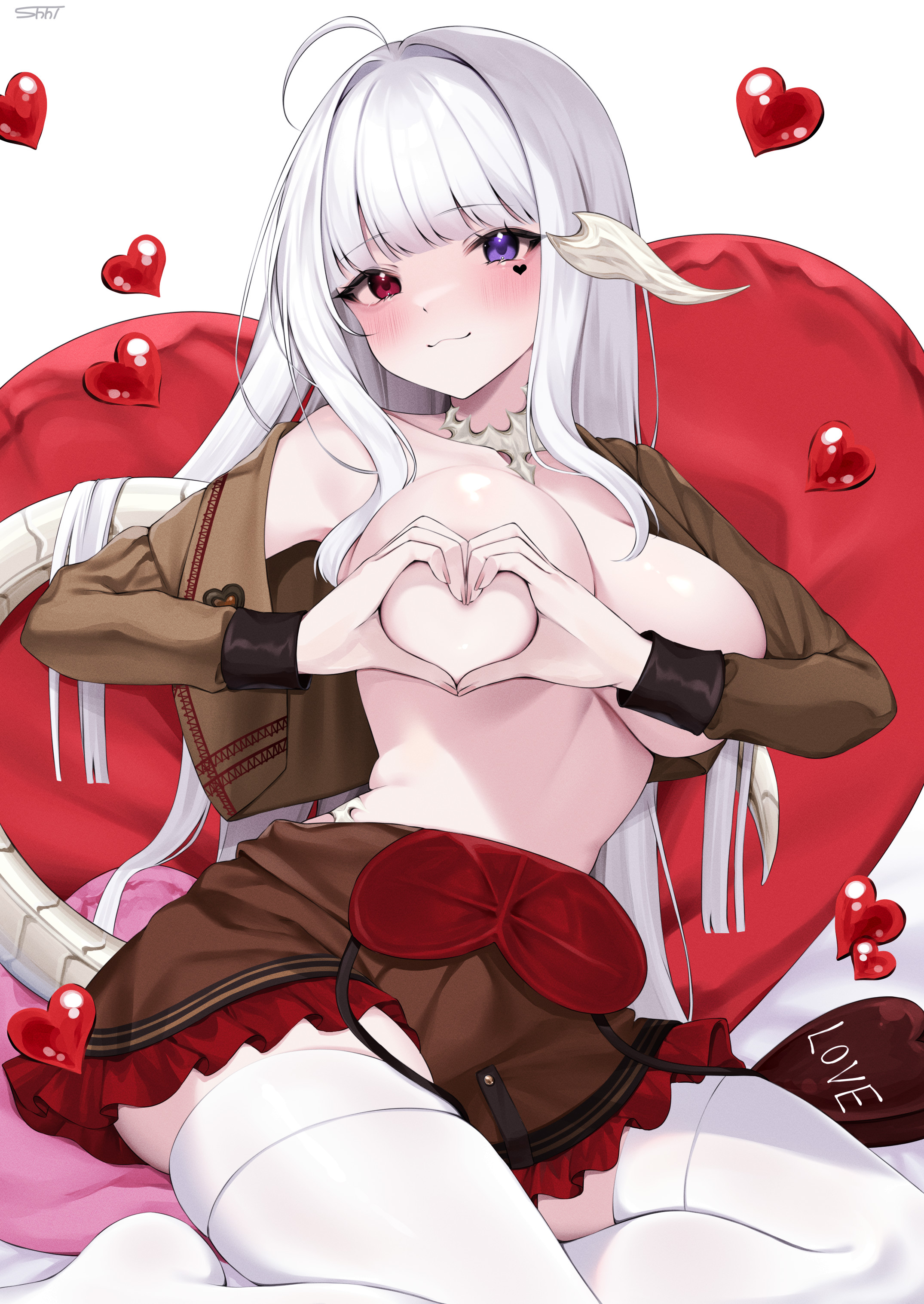 :3, absurdres, ahoge, au ra, blue eyes, blush, breasts, brown jacket, brown skirt, closed mouth, cropped jacket, dragon girl, dragon horns, dragon tail, facial tattoo, female, final fantasy, final fantasy xiv, frilled skirt, frills, heart, heart tattoo, heart-shaped boob challenge, heterochromia, highres, horns, jacket, large breasts, long hair, looking at viewer, open clothes, open jacket, red eyes, scales, shhilee, signature, skirt, solo, tail, tattoo, thighhighs, warrior of light (ff14), white hair, white thighhighs