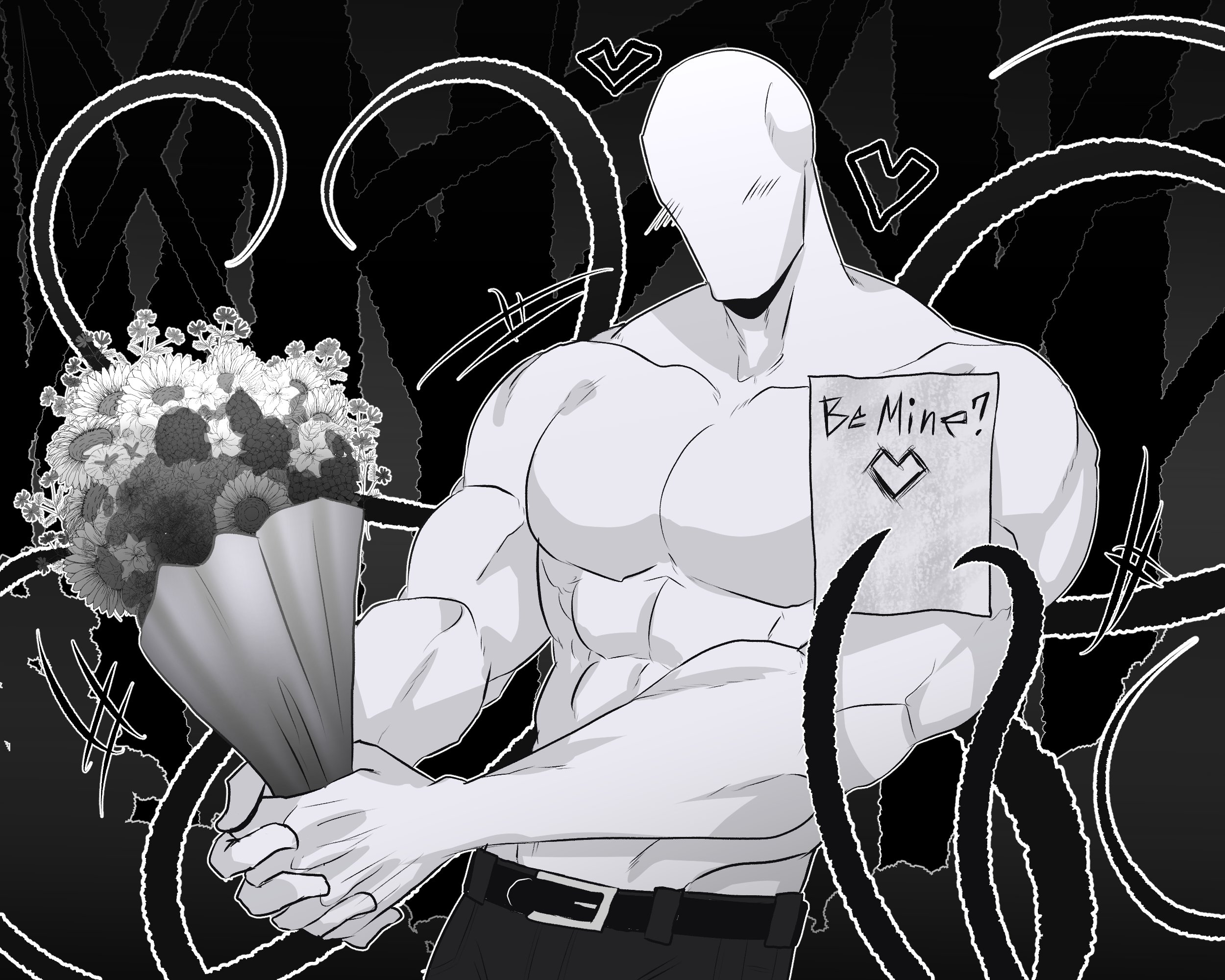 <3, 1boy, creepypasta, flower, gay, male, male focus, male only, male solo, mrputt, muscular, romantic, slenderman, solo, solo male, valentine's day, yaoi