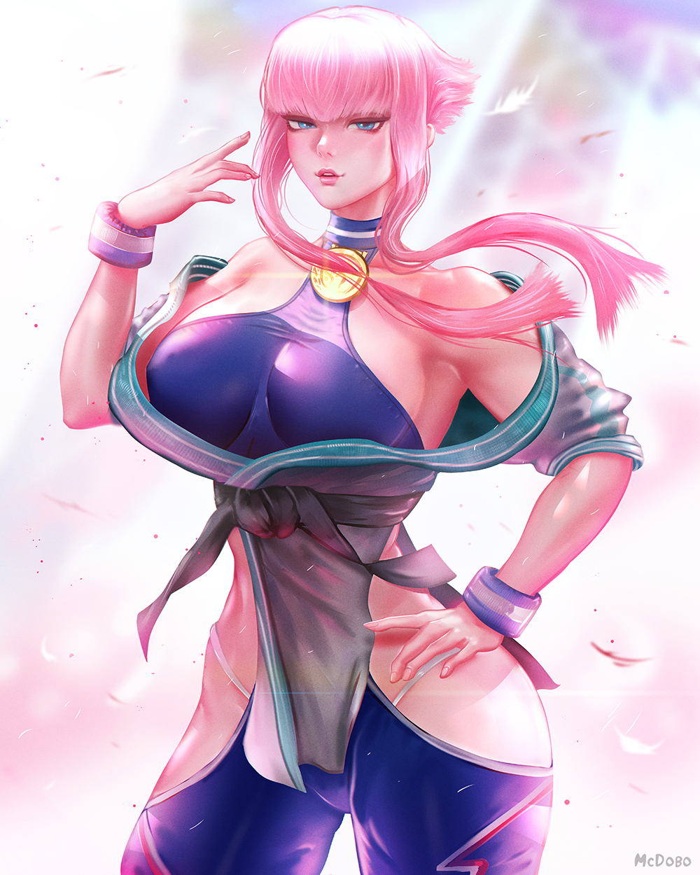 1girls, bare shoulders, big breasts, blue eyes, blush, breasts, capcom, clothed, clothing, color, female, female focus, female only, hi res, large breasts, latex leotard, light skin, light-skinned female, looking at viewer, manon legrand, mcdobo, pink hair, short hair, solo, solo female, street fighter, street fighter 6, thick thighs