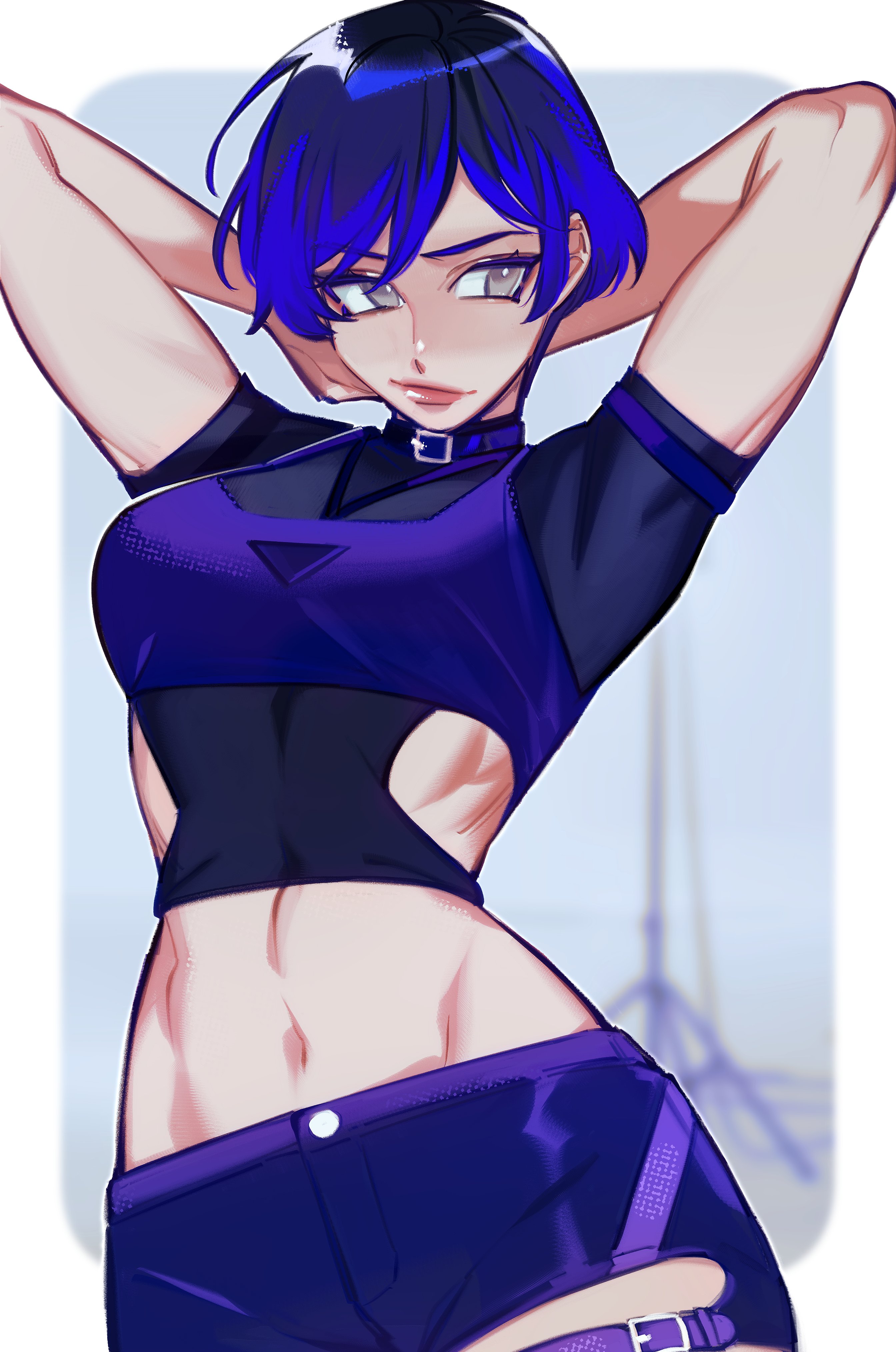 abs, absurdres, arms behind head, black hair, black shorts, breasts, choker, crop top, female, highres, large breasts, lips, maplekeurig, multicolored hair, namco, navel, purple eyes, purple hair, reina mishima, shorts, smile, solo, streaked hair, tekken, tekken 8