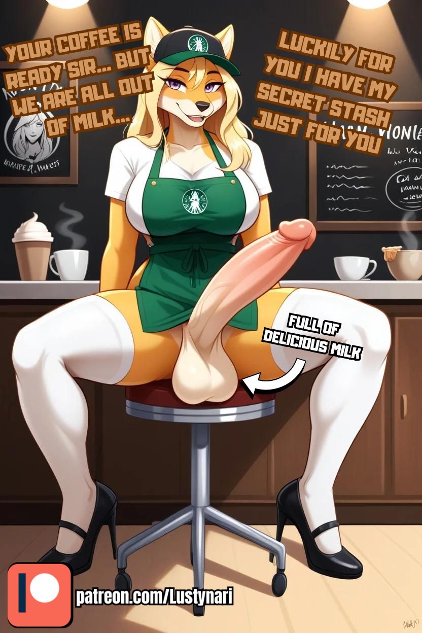 1futa 1futanari ai_assisted ai_generated anthro anthro_futa anthro_only barista big_ass big_balls big_breasts big_butt big_penis cap coffee coffee_cup coffee_shop curvy curvy_figure furry furry_ears furry_futa furry_only furry_tail futadom futanari giant_ass huge_ass huge_breasts huge_butt lustynari massive_breasts partially_clothed sitting spread_legs starbucks starbucks_barista tail text thick_thighs