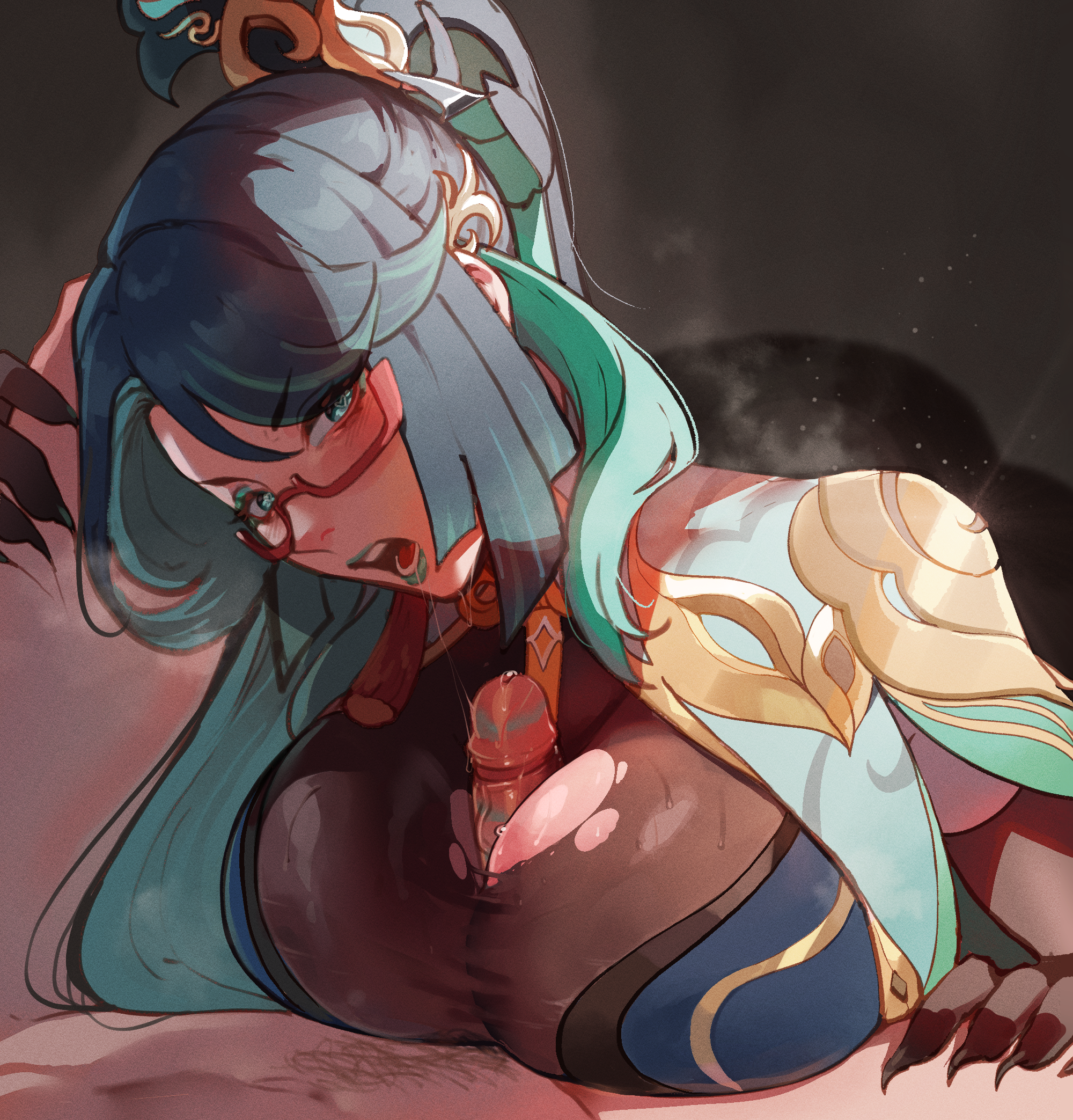 1boy, 1girls, big breasts, blue lipstick, bodysuit, breasts, chest, clothed paizuri, female, genshin impact, glasses, green hair, heart-shaped pupils, highres, indoors, light skin, light-skinned female, lipstick, lipstick mark, lipstick on penis, lipstick ring, long hair, male, open mouth, paizuri, penis, pubic hair, saliva trail, steaming body, sweat, thiccwithaq, torn bodysuit, torn clothes, turquoise eyes, turquoise hair, uncensored, xianyun (genshin impact)