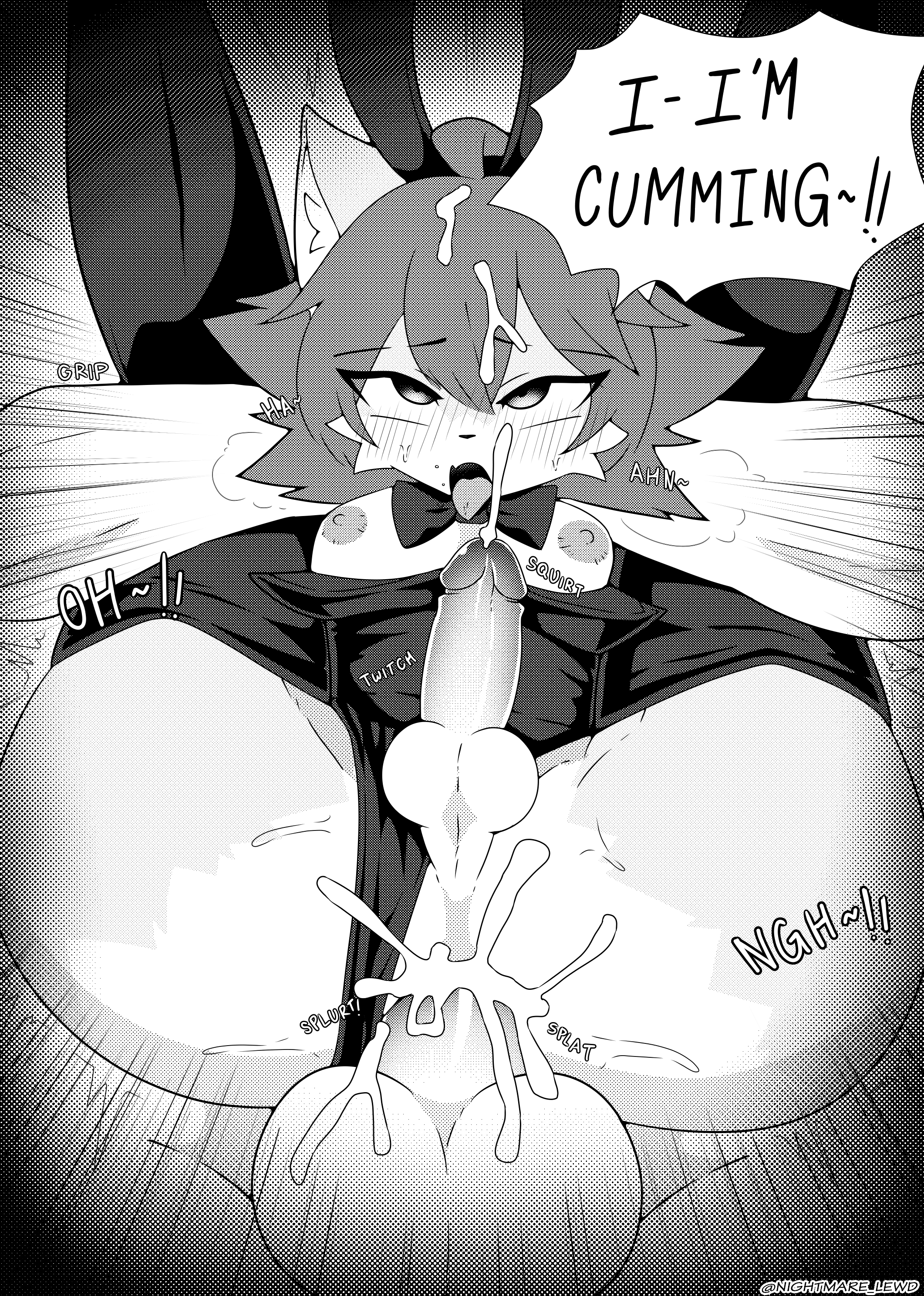 2024 absurd_res ahe_gao akumu_(nightmareroa) anal anal_sex ass ball_size_difference balls big_butt black_and_white bodily_fluids bunny_costume canid canine clothing comic costume cum cum_announcement cum_in_ass cum_inside domestic_cat duo felid feline felis fox full_nelson gay genital_fluids genitals girly hi_res hybrid looking_pleasured male male/male mammal monochrome nightmareroa orgasm penetration penile penile_penetration penis penis_in_ass penis_size_difference simultaneous_orgasms