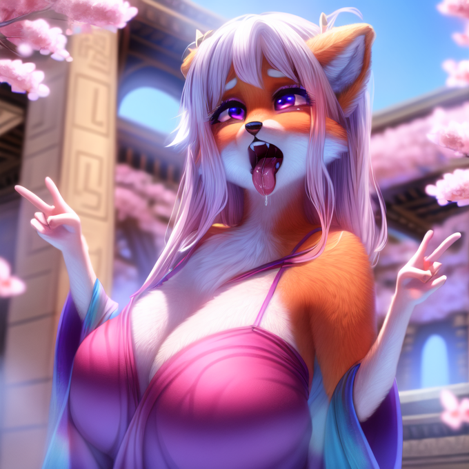 3d \\m/ ahe_gao ai_generated animal_ears animal_nose anthro architecture bangs big_eyes blue_sky blurry blurry_background blurry_foreground blush branch breasts building cherry_blossoms cleavage depth_of_field detailed_eyes drunk ears east_asian_architecture falling_petals fellatio_gesture female flower fluffy_ears fox fox_ears fox_shadow_puppet fur furry furry_female hanami hand_gesture hand_up hands japanese_clothes kimono large_breasts light_purple_hair lilac_hair long_hair looking_at_viewer mole motion_blur open_mouth outdoors petals photo_background pink_bra pink_flower pink_kimono platinum_blonde_hair purple_eyes shouji small_hands solo spring_(season) stable_diffusion sunlight sylvanal tan_fur teeth thick_eyebrows tongue tongue_out tree upper_body v v_sign w white_hair