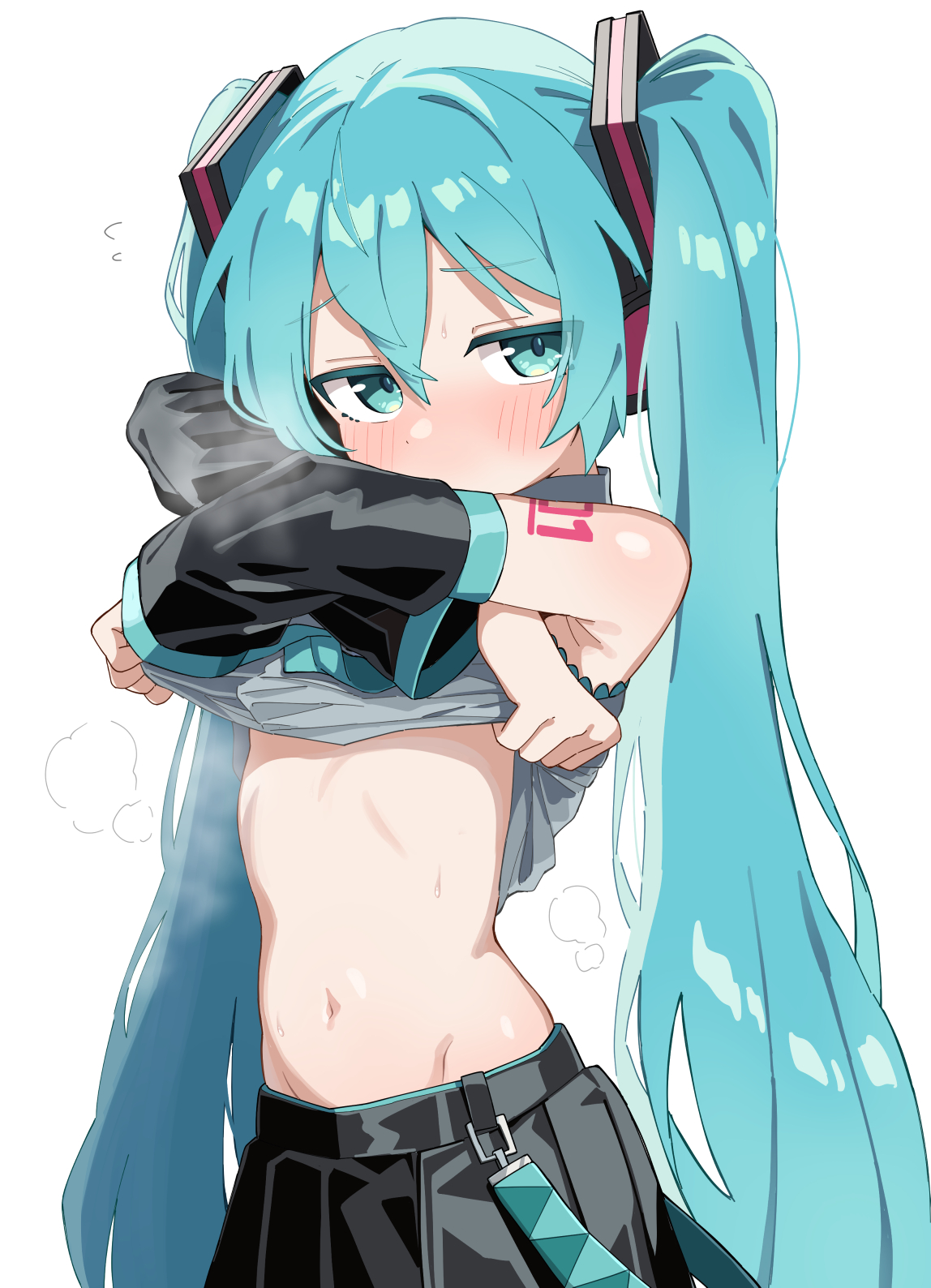 1girl, 1girls, aqua eyes, aqua hair, artist request, bare shoulders, belly, belly button, black skirt, blue eyes, blue hair, blush, breasts, clothed, clothes lift, detached sleeves, dj maud0210, female, female only, hair ornament, hatsune miku, idol, lifted by self, light skin, light-skinned female, long hair, looking at viewer, mostly clothed, navel, petite, petite body, petite female, pleated skirt, pulling up shirt, shirt lift, shirt up, simple background, skirt, solo, sweat, tagme, tagme (artist), tattoo, thin, tummy, turquoise eyes, turquoise hair, twintails, undressing, very long hair, vocaloid, white background