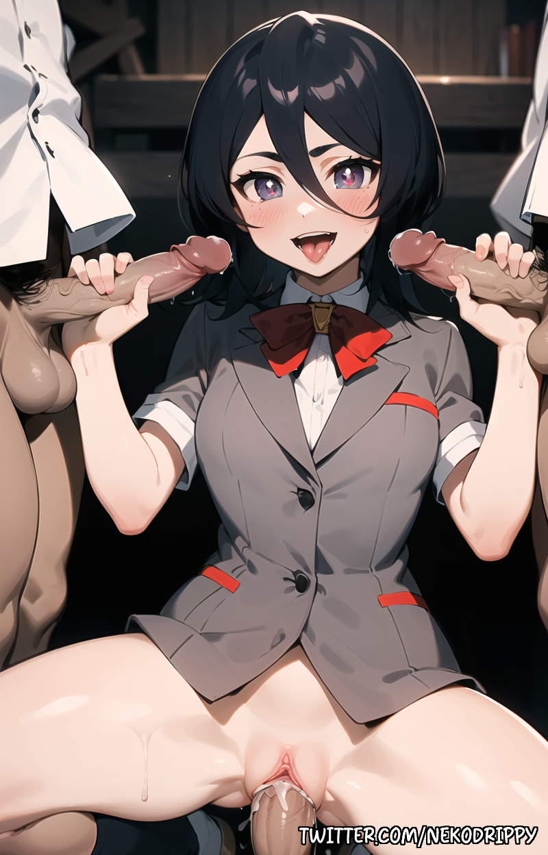 1girls, 3boys, ahe gao, ai generated, black hair, bleach, bleach: the thousand-year blood war, breasts, cowgirl position, cum, cum in mouth, cum in pussy, cum inside, double handjob, female, female focus, gangbang, handjob, kuchiki rukia, male, multiple boys, multiple males, multiple penises, nekodrippy, penis, pussy, sex, small breasts, straight, tongue, tongue out