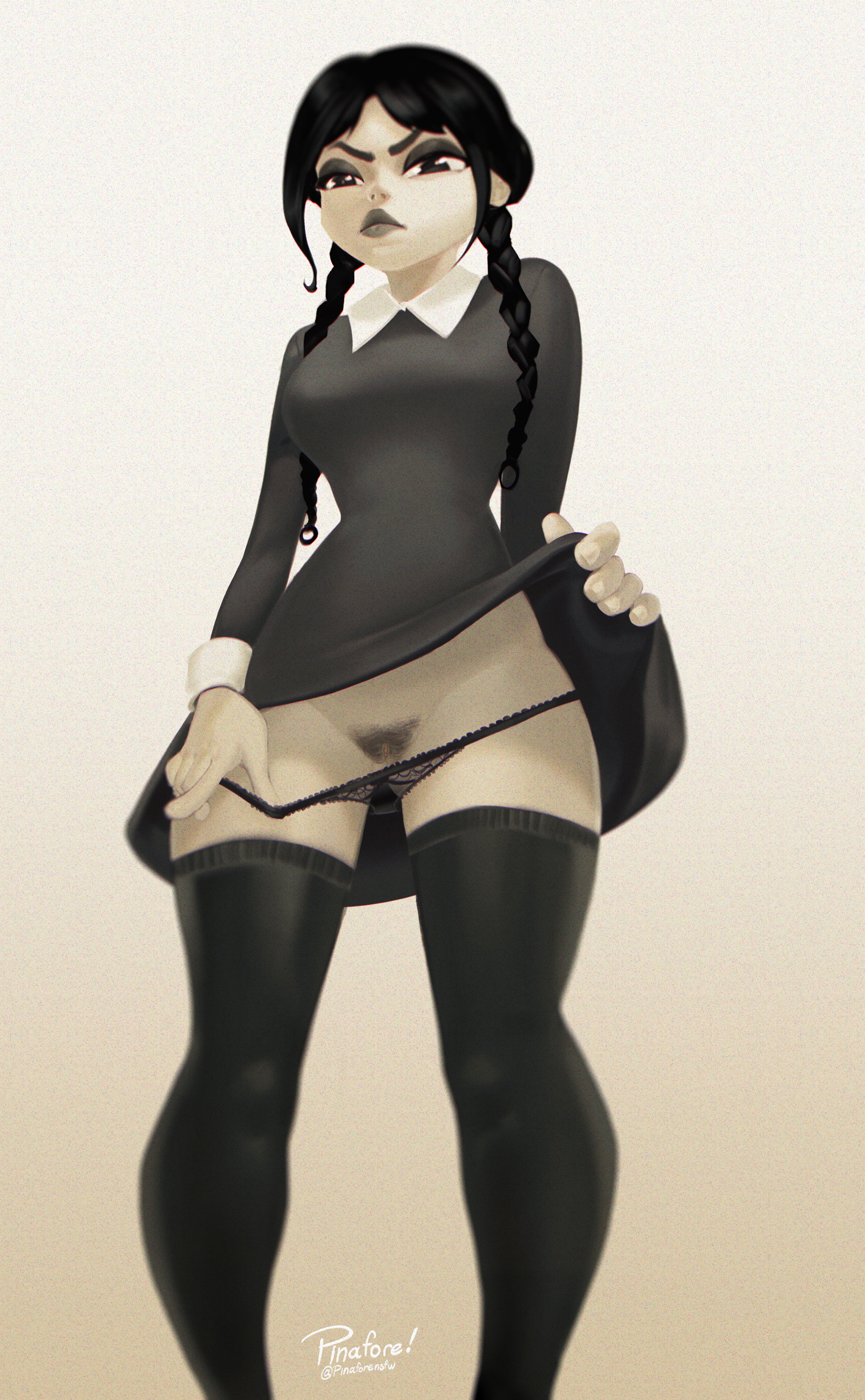 1girls, angry, annoyed, breasts, busty, dress, dress lift, female, female focus, female only, flashing, flashing pussy, goth, goth girl, hourglass figure, legs, light skin, light-skinned female, pale skin, pale-skinned female, panties, panties aside, panties down, pinafore (artist), presenting, presenting pussy, pubes, pubic hair, pussy, short dress, socks, solo, stockings, tagme, the addams family, thighhighs, thighs, upskirt, vagina, wednesday addams, wide hips