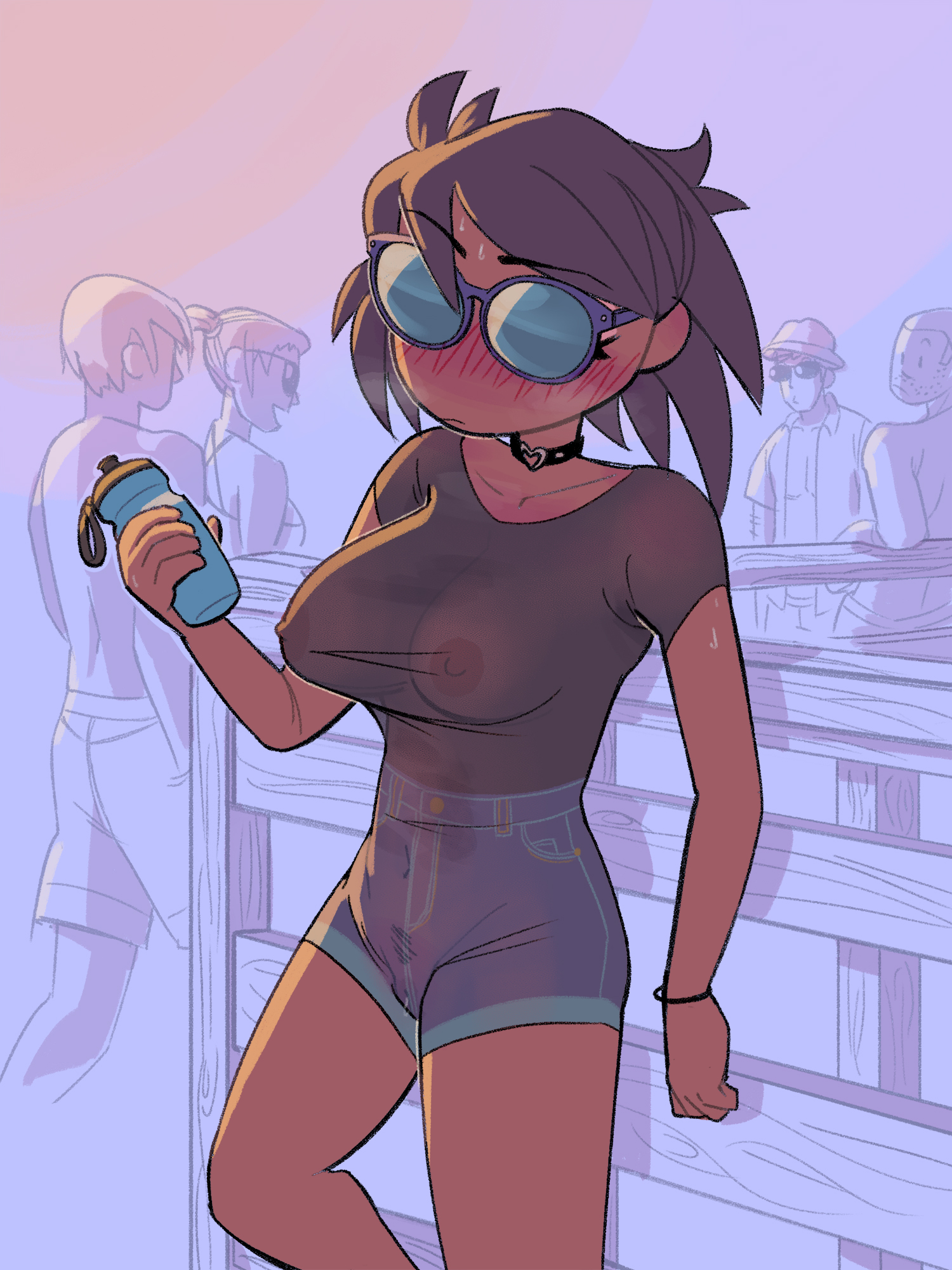 ash (blueregardtwo), blue-tinted eyewear, blueregardtwo, blush, blushing, breasts, choker, embarrassed, embarrassing outfit, exhibitionism, exhibitionist, female, nipples, pubic hair, public, public exposure, pussy, revealing, revealing clothes, revealing outfit, see-through, see-through clothing, see-through shirt, see-through top, sunglasses, tinted eyewear