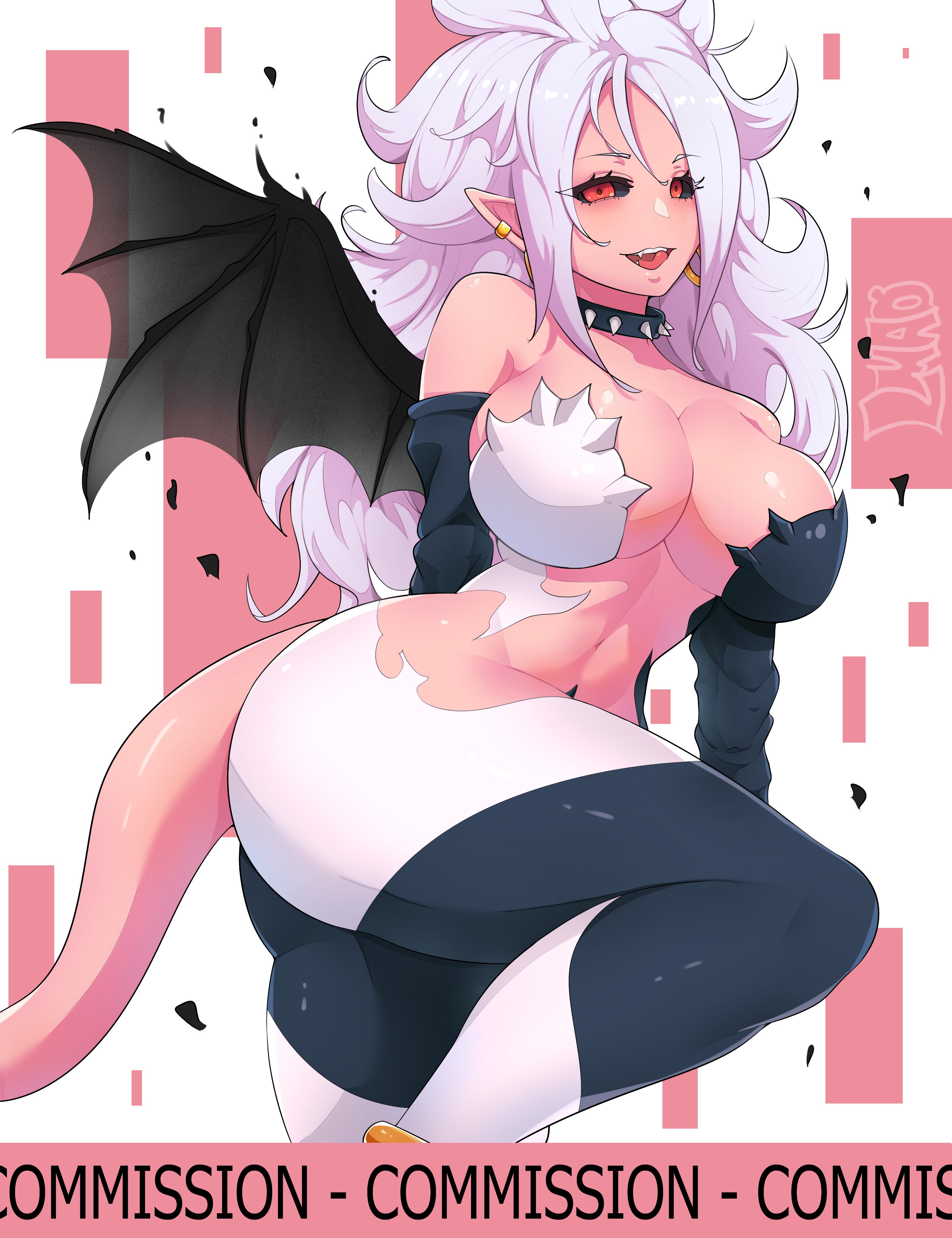 android 21, big breasts, big thighs, big titties, breasts, clothing, commission, curvaceous, curvaceous female, curvaceous figure, curvy, curvy figure, curvy hips, demon, demon girl, demon tail, demon wings, dragon ball, dragon ball fighterz, female, female focus, female only, long hair, looking at viewer, majin android 21, misterlmaoo, pink body, pink skin, white hair