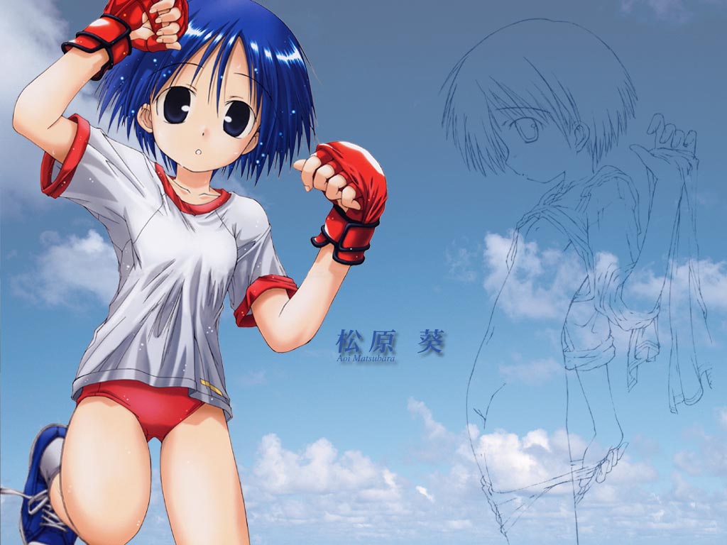 blue_hair buruma clothing flat_chest gloves gym_uniform matsubara_aoi panties to_heart to_heart_(series) wallpaper