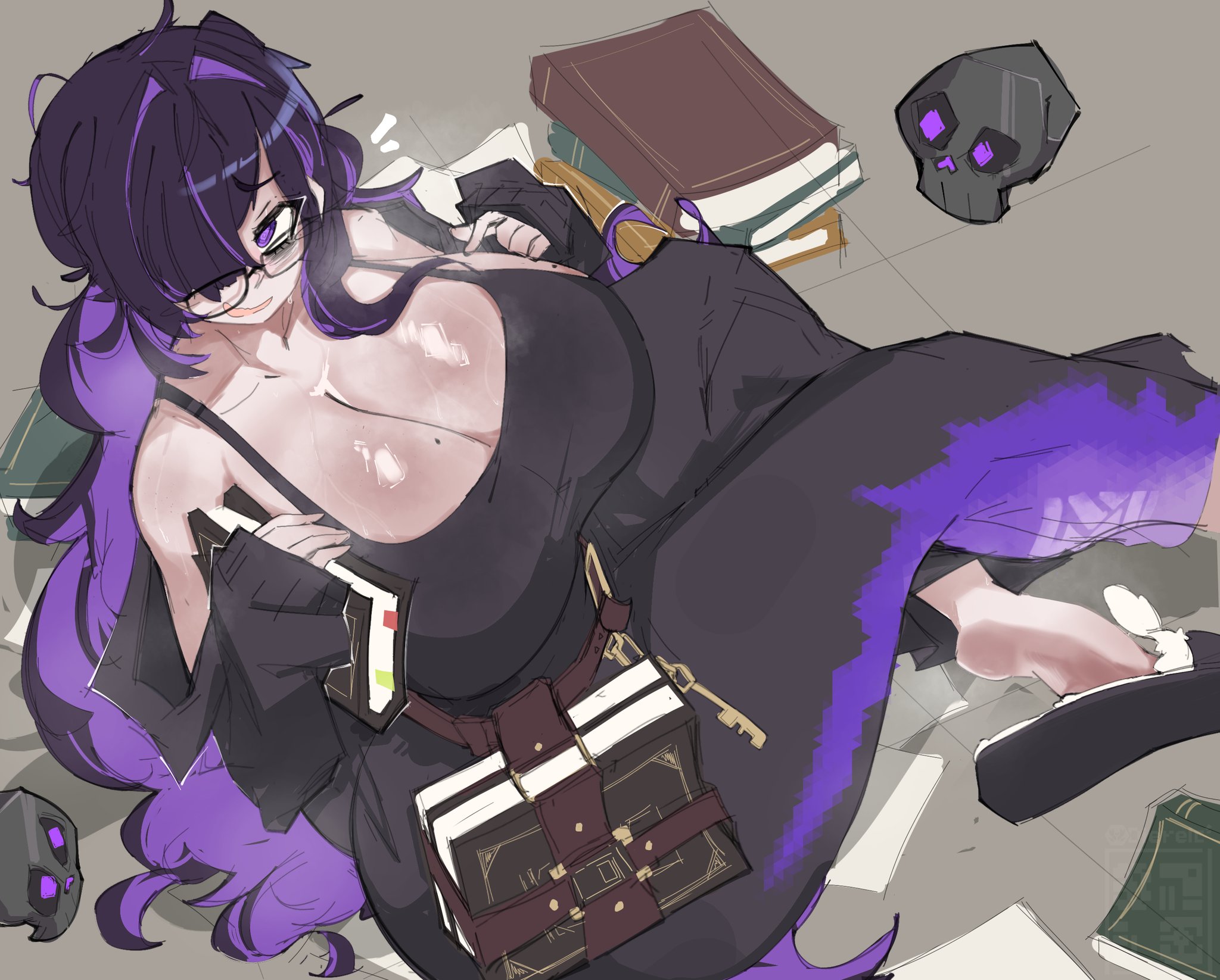 1girls, bare shoulders, black camisole, black cardigan, black hair, book, breasts, camisole, cardigan, commentary, dierelc, english commentary, eyelashes, female, female only, glasses, goddess of victory: nikke, hair between eyes, hair over one eye, highres, huge breasts, label (nikke), long hair, long sleeves, looking at viewer, messy hair, mole, mole on breast, multicolored hair, off shoulder, parted lips, purple eyes, purple hair, simple background, skull, sleeves past wrists, solo, streaked hair, sweat, very long hair