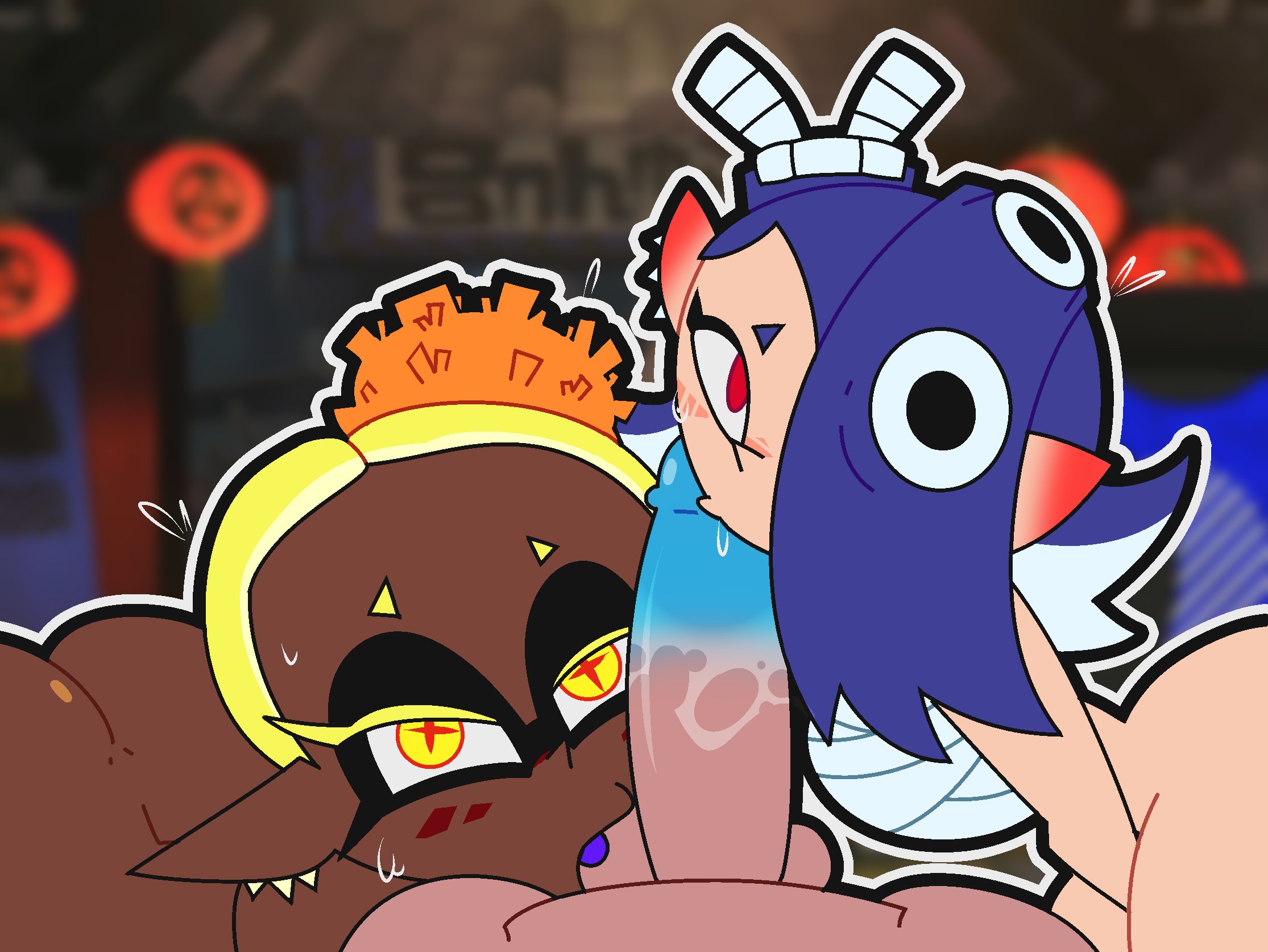 1boy, 2d (artwork), 2girls, balls, balls sucking, blonde hair, blue hair, collaborative fellatio, dark skin, dark-skinned female, deep cut (splatoon), digital drawing (artwork), digital media (artwork), fatduud, fellatio, female, frye (splatoon), hair over one eye, inkling, looking at viewer, male, male pov, nintendo, octoling, oral, pointy ears, pov, shiver (splatoon), splatoon, splatoon (series), splatoon 3