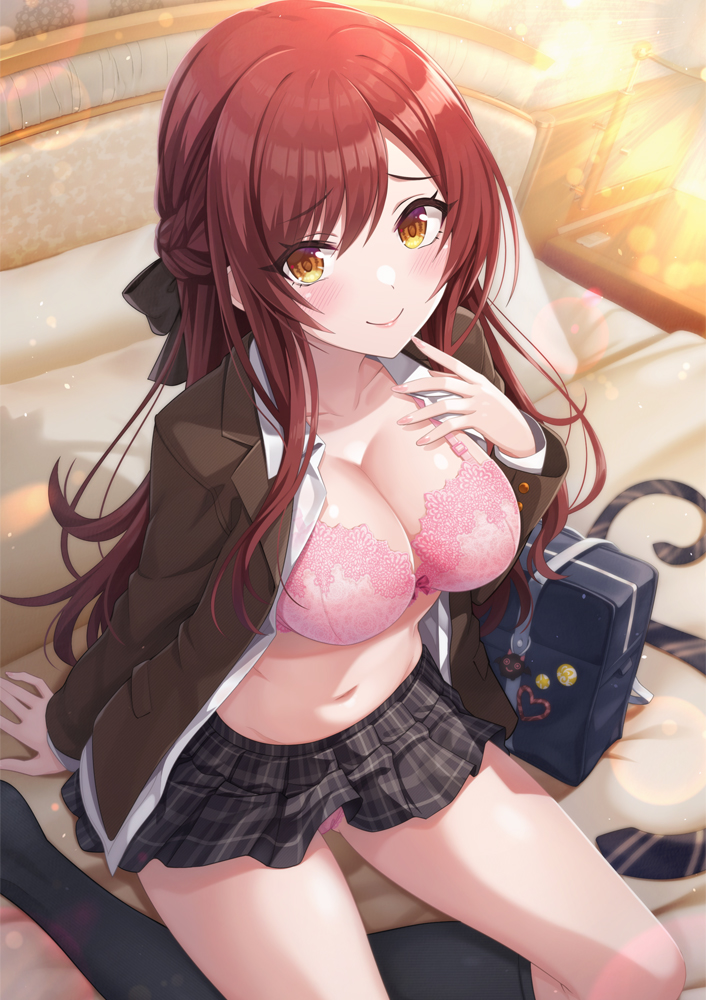 1girl bag black_skirt black_socks bra breasts brown_hair brown_jacket cleavage closed_mouth collarbone commentary_request hand_up highres idolmaster idolmaster_shiny_colors jacket kneehighs large_breasts long_hair long_sleeves looking_at_viewer miniskirt navel open_clothes open_jacket open_shirt orange_eyes osaki_amana pink_bra plaid_clothes plaid_skirt pleated_skirt school_bag shirt sitting skirt smile socks solo stomach thighs underwear urabi_(tomatohouse) white_shirt wing_collar