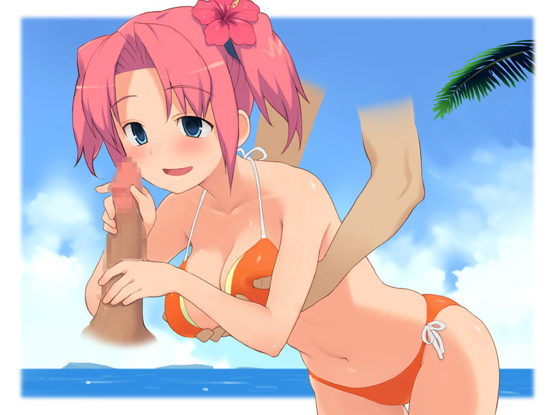 beach bikini blue_eyes blush breast_grab breasts censored character_request copyright_request dark-skinned_male dark_penis dark_skin disembodied_limb female flower hair_accessory hair_ornament handjob interracial magic_hand magic_hands magic_penis male nora_higuma ocean penis pink_hair sea short_hair side-tie_bikini swimsuit tied_hair twintails