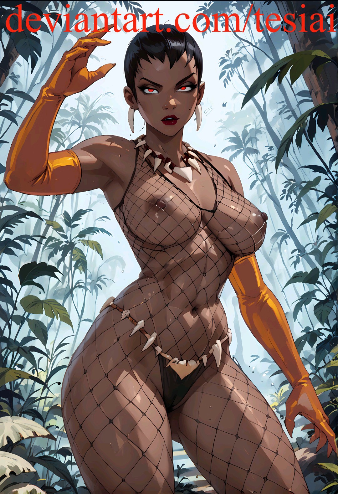 1girls, ai generated, big breasts, black hair, breasts, collar, dark skin, dark-skinned female, dc, dc comics, earrings, female, fishnets, gloves, human, red eyes, seductive, seductive look, short hair, tesiai, vixen (dc)
