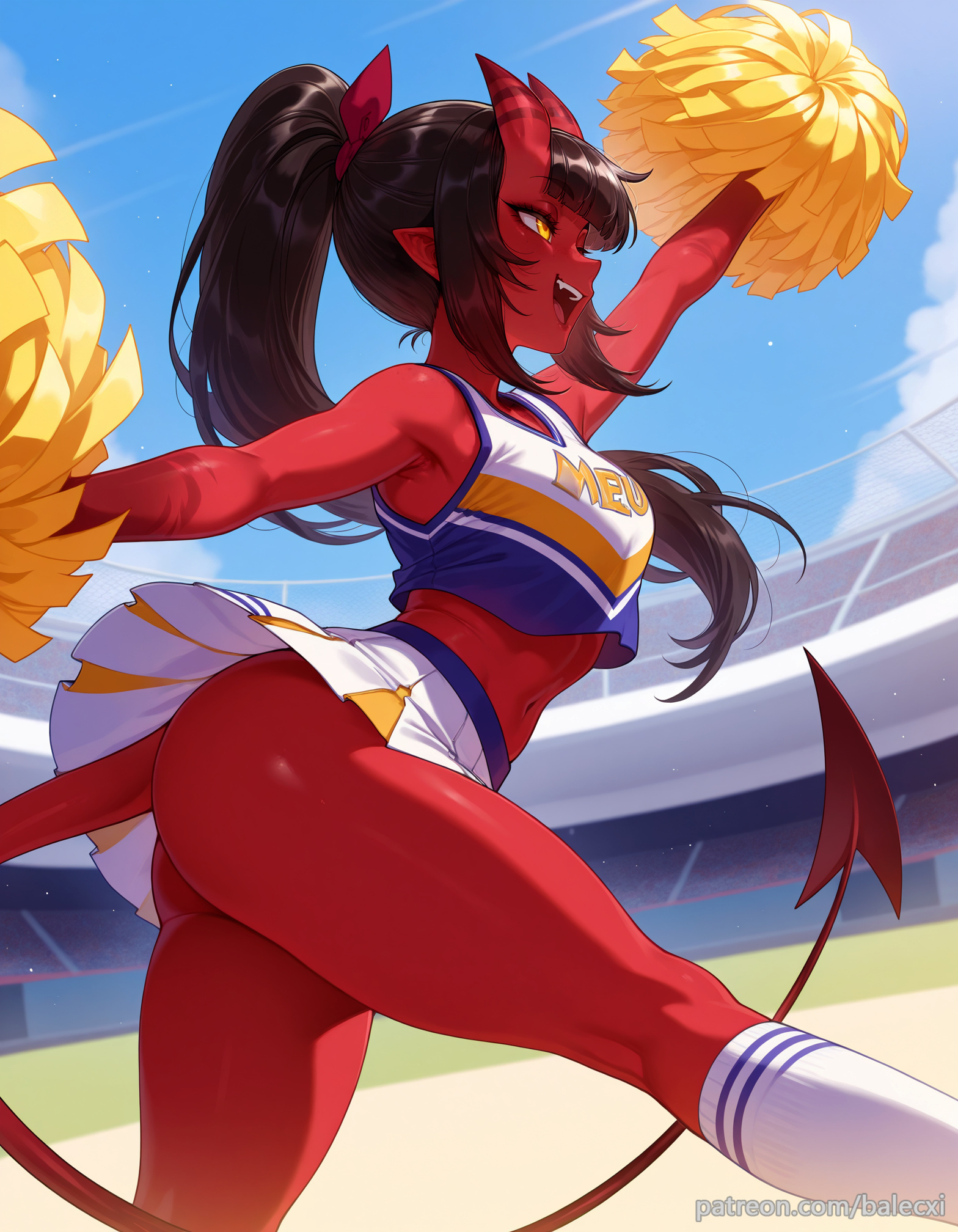 1girls, ai generated, armpits, ass, balecxi, bare shoulders, barista, black hair, blunt bangs, breasts, cheerleader, colored skin, crop top, day, demon, demon girl, demon tail, female, freckles, holding pom poms, kneehighs, long hair, medium breasts, meru (merunyaa), meruccubus (merunyaa), midriff, mole under eye, navel, no panties, open mouth, original, outdoors, pleated skirt, pointy ears, pom pom (cheerleading), ponytail, red skin, skin-covered horns, skirt, skirt lift, smile, socks, solo, thighs, upskirt, white skirt, yellow eyes