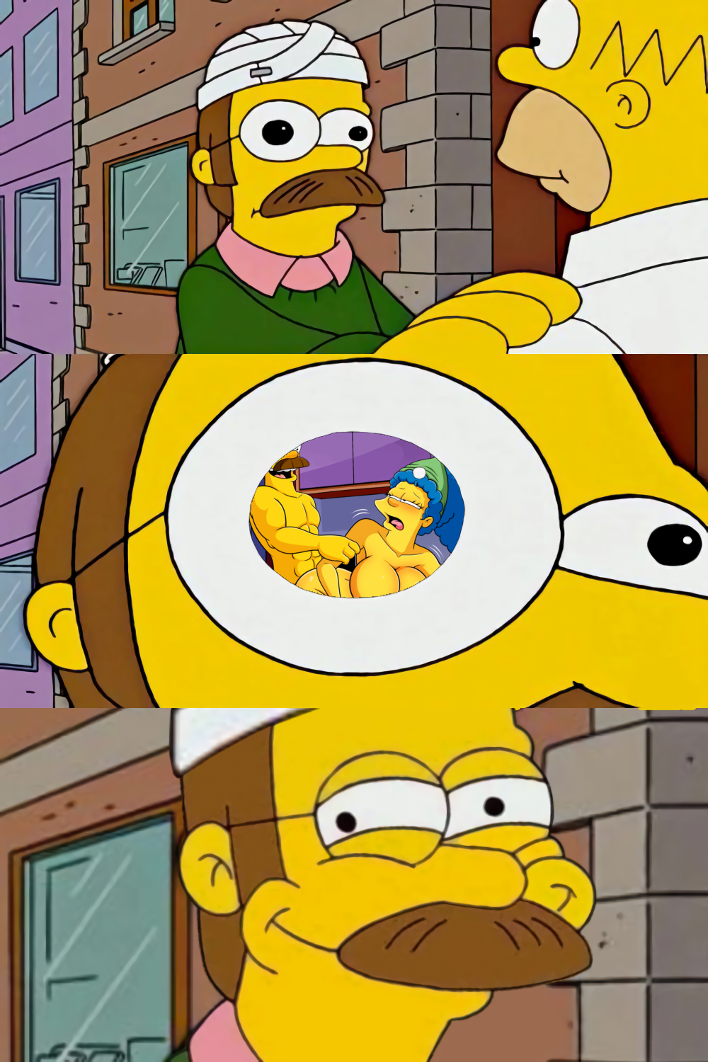 1girls, 2boys, cheating, cheating husband, cheating wife, cuckold, female, homer simpson, imminent cheating, imminent penetration, imminent sex, inminent sex, male, marge simpson, meme, ned flanders, nude, nude female, nude male, penetration, pervert smile, prediction, seeing the future, sex, smile, the simpsons, unfaithful, yellow body, yellow skin