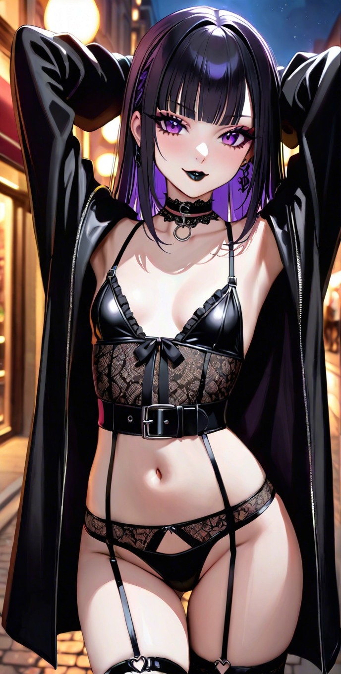 1girls, ai generated, armpits, arms behind head, arms up, background, bangs, belly, belly button, belt, black hair, black jacket, black lingerie, black lipstick, blush, breasts, chest, choker, clothing, collar, collarbone, commentary request, earrings, female, female focus, female only, flat chest, frills, garter straps, goth, goth girl, hair, hips, jacket, lace, lace choker, lace lingerie, lace trim, legwear, lia the busty redhead, lingerie, lipstick, looking at viewer, makeup, midriff, multicolored hair, navel, night, original, original character, outdoors, outside, panties, petite, pose, posing, posing for the viewer, public, purple eyes, purple hair, ribbon, seductive, seductive look, seductive pose, seductive smile, self upload, skirt, small breasts, smile, smug, smug face, smug grin, solo, solo female, solo focus, standing, straight bangs, straight hair, straps, street, tagme, teenage female, teenager, thigh gap, thighs, two-tone hair, young, younger female
