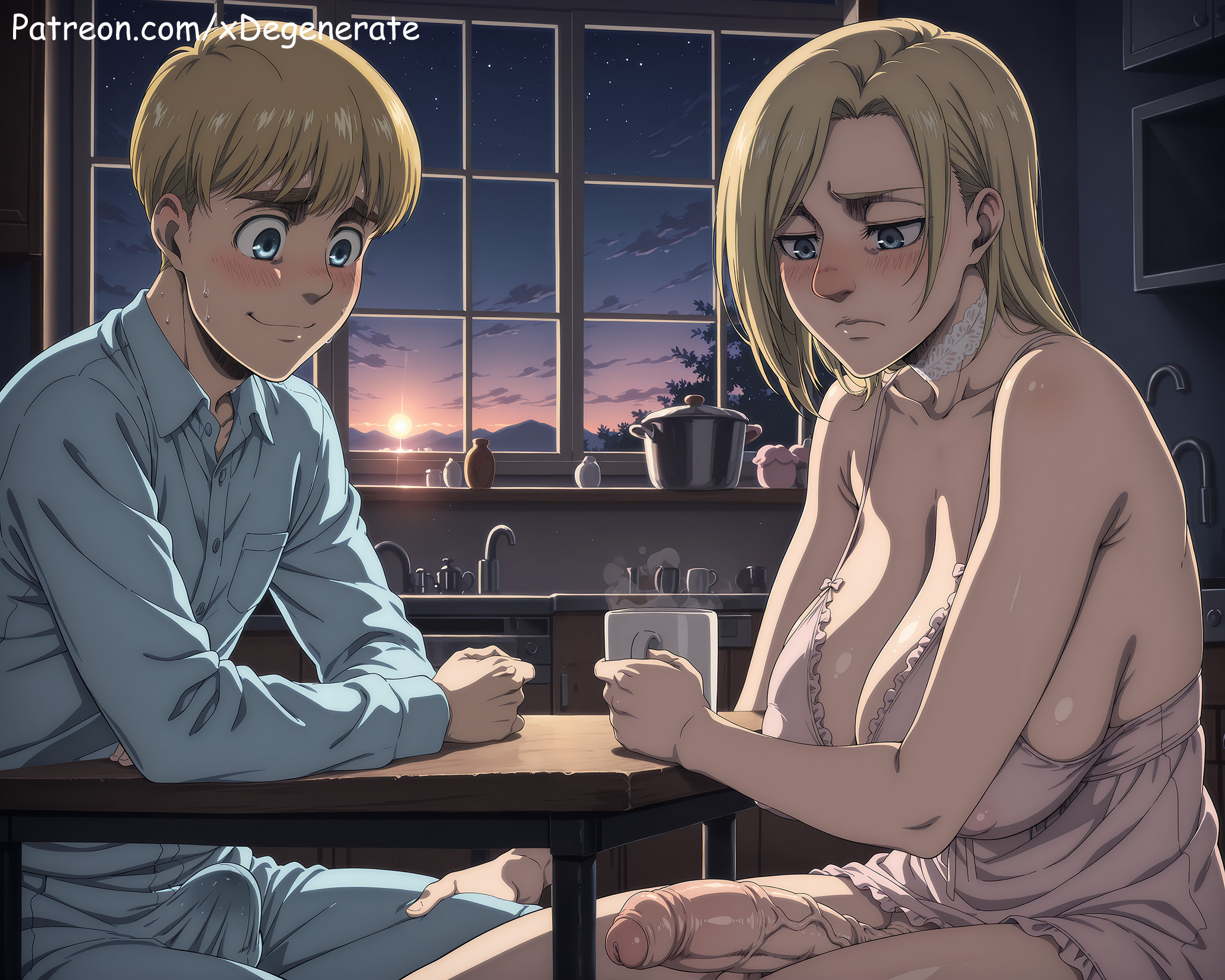 1boy, 1futa, ai assisted, ai generated, annie leonhardt, armin arlert, armpit crease, attack on titan, babydoll, blonde hair, blue eyes, breasts, cleavage, closed eyes, couple, couple (romantic), embarrassed, embarrassed expression, foreskin, futanari, half-erect, heavy butt, huge breasts, intersex, kitchen, long hair, looking down, male, married couple, nervous, night, pajamas, penis, sagging breasts, seductive, shingeki no kyojin, short hair, sideboob, smile, stable diffusion, sweat, sweatdrop, uncircumcised, veiny penis, xdegenerate