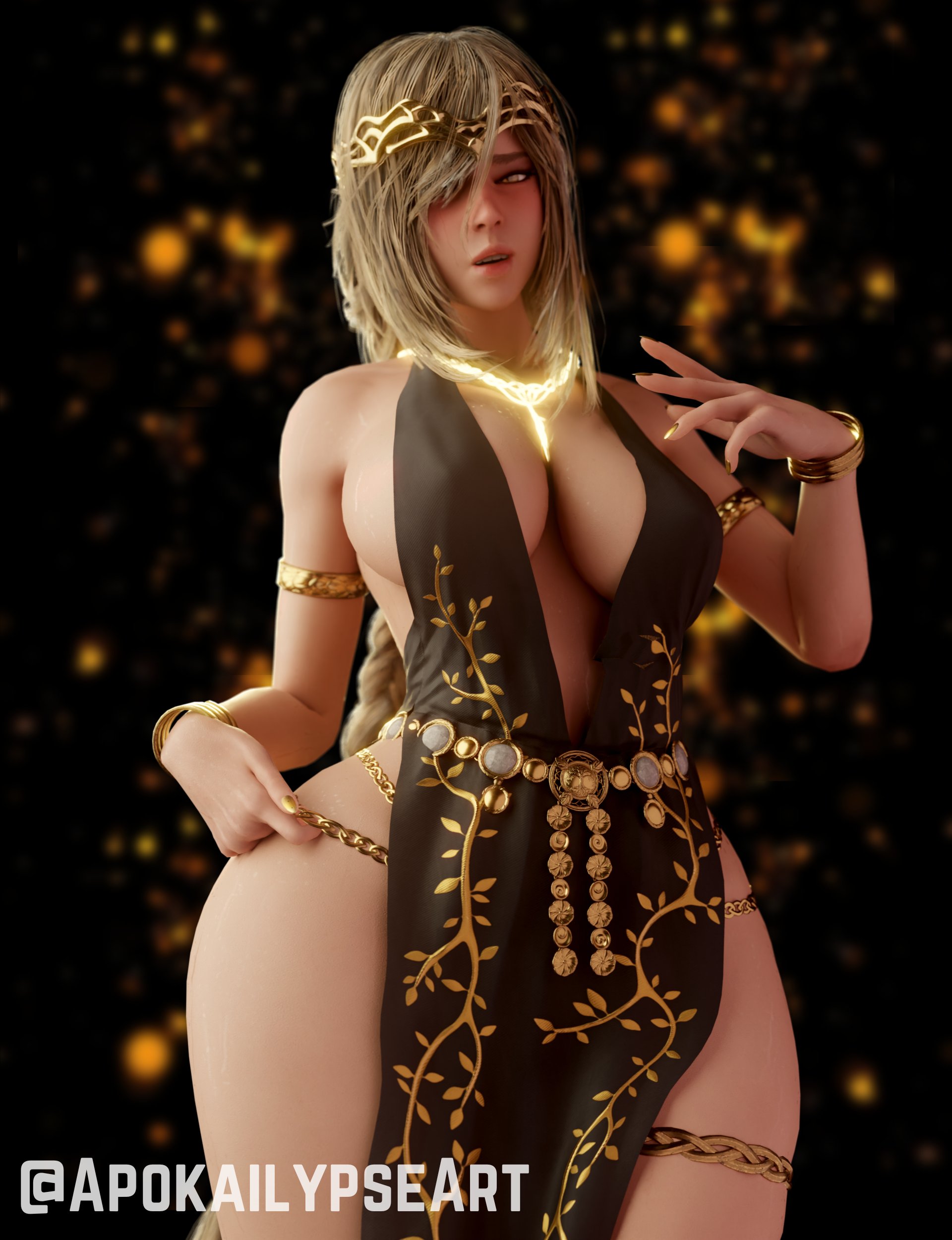3d, alternate hairstyle, apokailypseart, armlet, armpits, ass, bandai namco, big ass, big breasts, blonde, blonde hair, bracelet, braid, braided hair, braided ponytail, breasts, circlet, crown, curvaceous, dress, elden ring, female, fromsoftware, hair over one eye, jewelry, light skin, light-skinned female, nail polish, nipple bulge, queen marika the eternal, tagme, thighlet