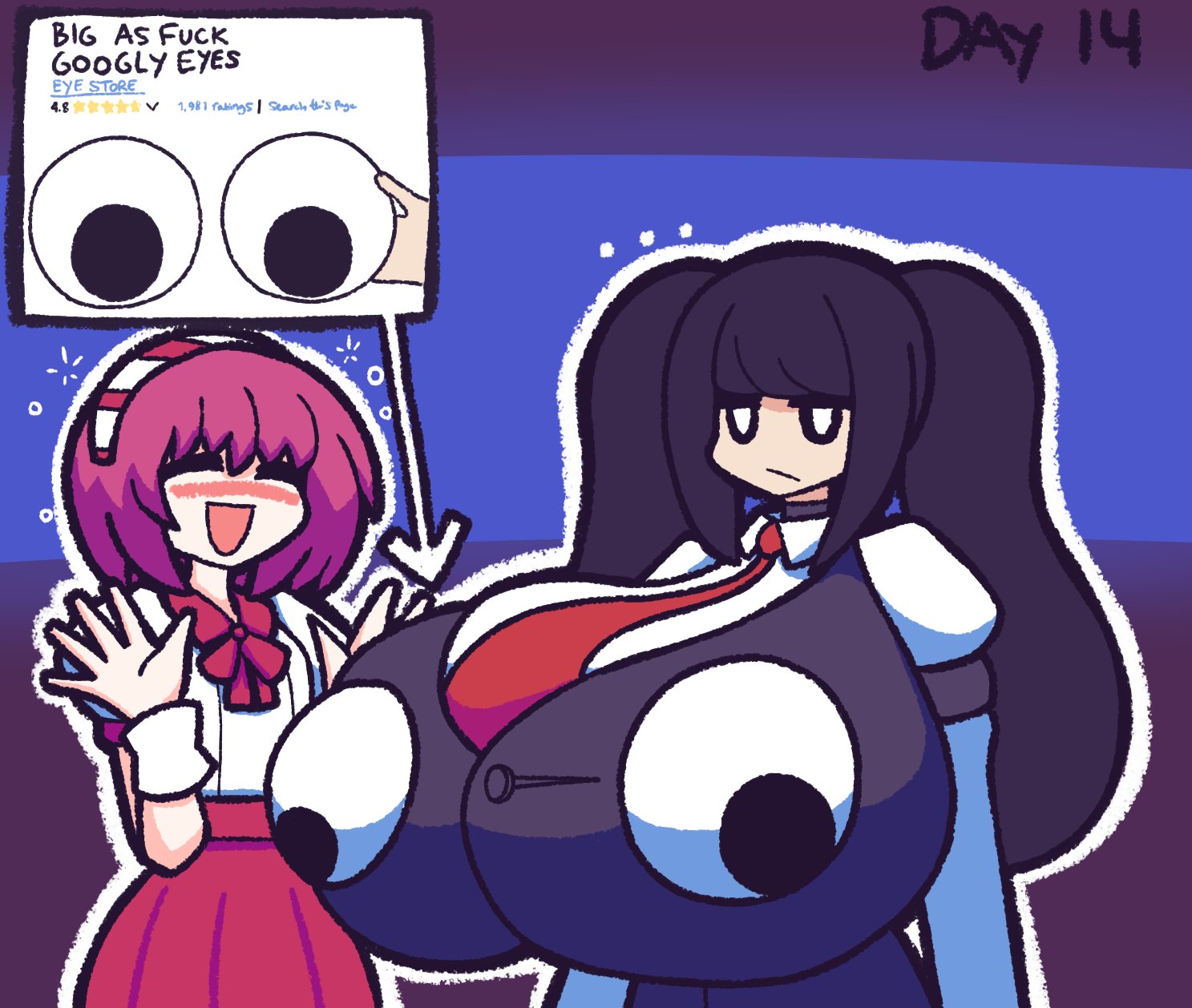 2girls, big breasts, breasts, clothes, clothing, dorothy haze, female, female only, gensin, googly eyes, huge breasts, julianne stingray, tagme, twitter link, va-11 hall-a, wholesome
