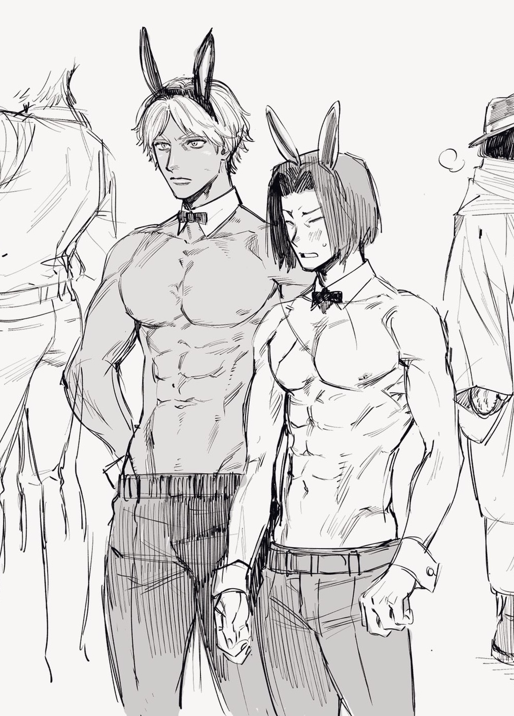 1000kcal 2boys alternate_costume blush bob_cut bowtie bunny_boy bunny_ears detached_collar embarrassed himuro_ryo kaneda_suekichi kengan_(series) kengan_ashura male male_only male_playboy_bunny monochrome muscular muscular_male tan_skin topless topless_male