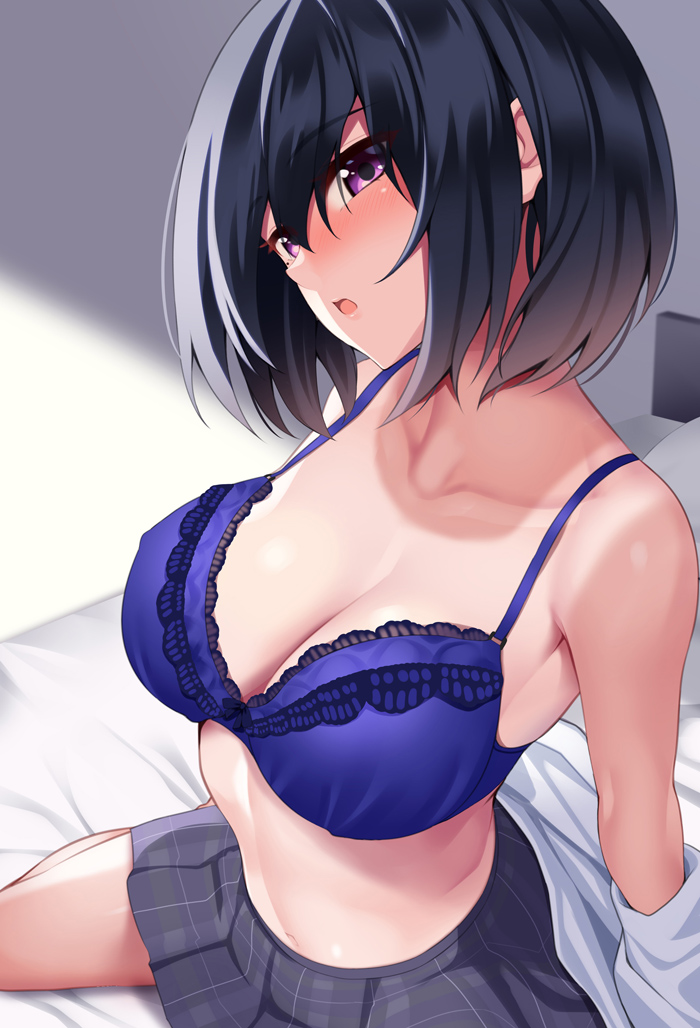 black_hair blue_bra blush bra breasts cleavage commentary_request female huyumitsu large_breasts looking_at_viewer original pleated_skirt purple_eyes school_uniform shirt short_hair skirt solo underwear