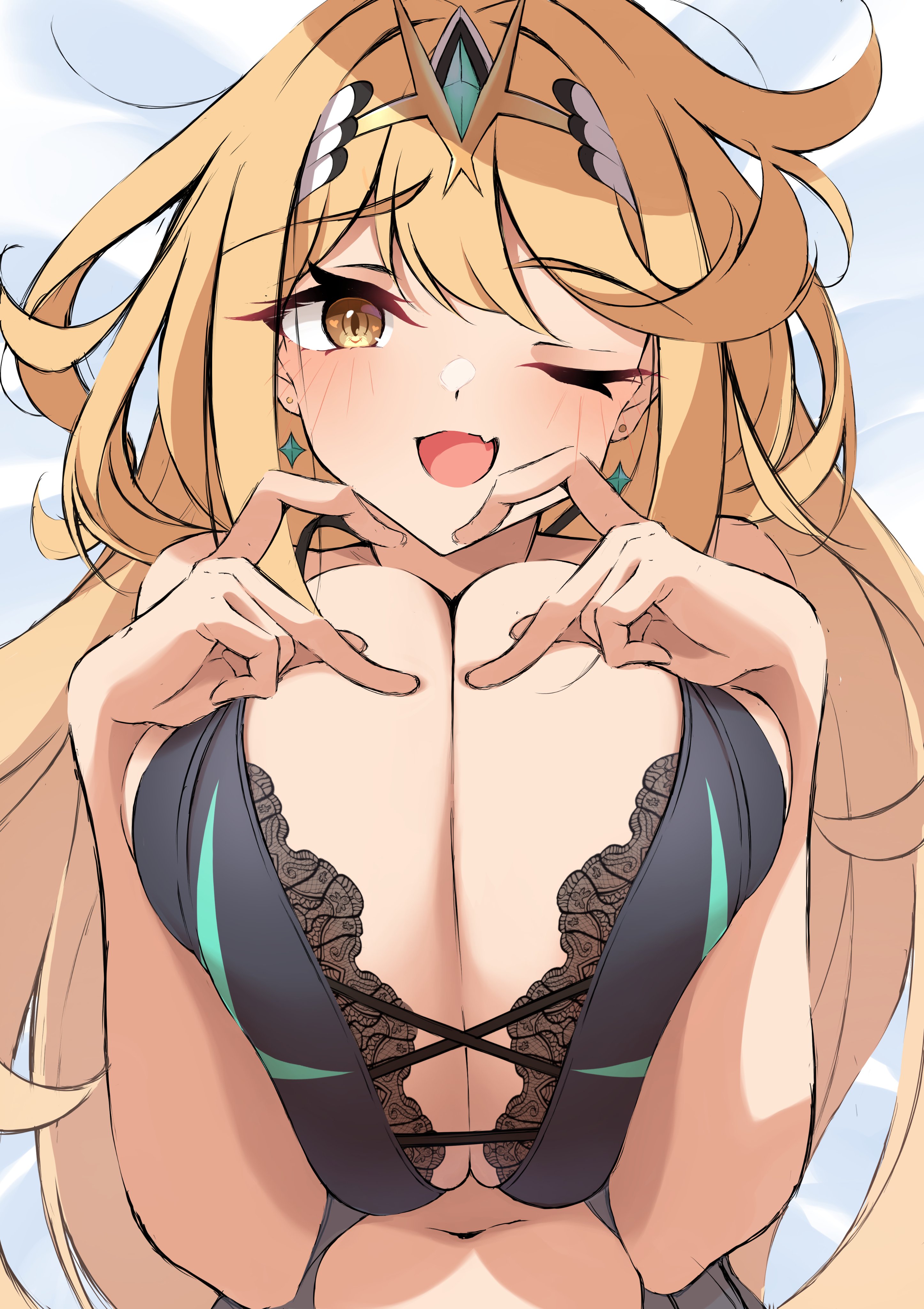 1girls, belly, belly button, big breasts, blonde female, blonde hair, blonde-haired female, bra, breasts, breasts bigger than head, cleavage, female, heart symbol, huge breasts, humongous breasts, jewelry, long hair, mika n95, mythra, nintendo, tagme, tits bigger than head, tummy, twitter, underwear, xenoblade (series), xenoblade chronicles 2, yellow eyes