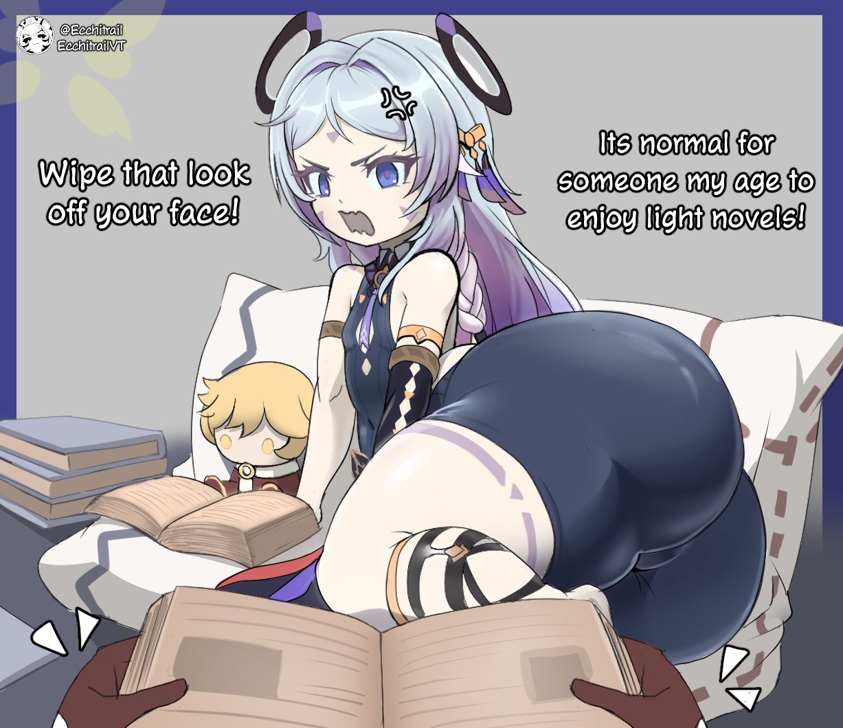 1boy, 1girls, aether (genshin impact), angry, ass, bike shorts, citlali (genshin impact), dialogue, ecchitrail, female, genshin impact, hoyoverse, male, male pov, mihoyo, pov, shortstack, text, thick thighs