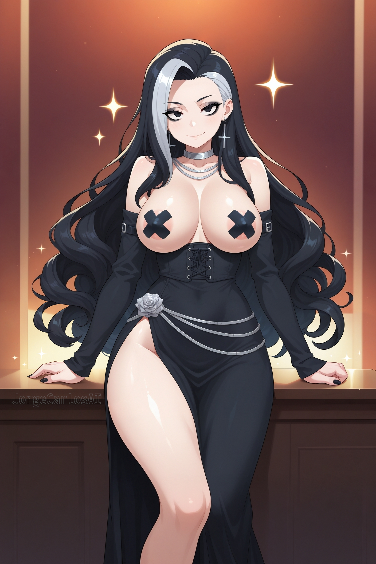 1girls, ai generated, areola, areola slip, areolae, areolae slip, big breasts, big hips, black clothes, black clothing, black eyes, black hair, black pasties, breasts, child bearing hips, collar, corset, cross pasties, curled hair, curly hair, dress, earrings, female, female focus, female only, flower, flower ornament, goth, goth girl, goth milf, gothic, gothic girl, jewelry, jorgecarlosai, long hair, long skirt, mature, mature female, milf, nipple pasties, pasties, sexy, silver chain, silver collar, silver flower, silver hair, silver jewelry, smile, sparkle, sparkles, standing, thick, thick hips, thick thighs, thighs, topless, topless female, two-tone hair, watermark, wavy hair, wide hips