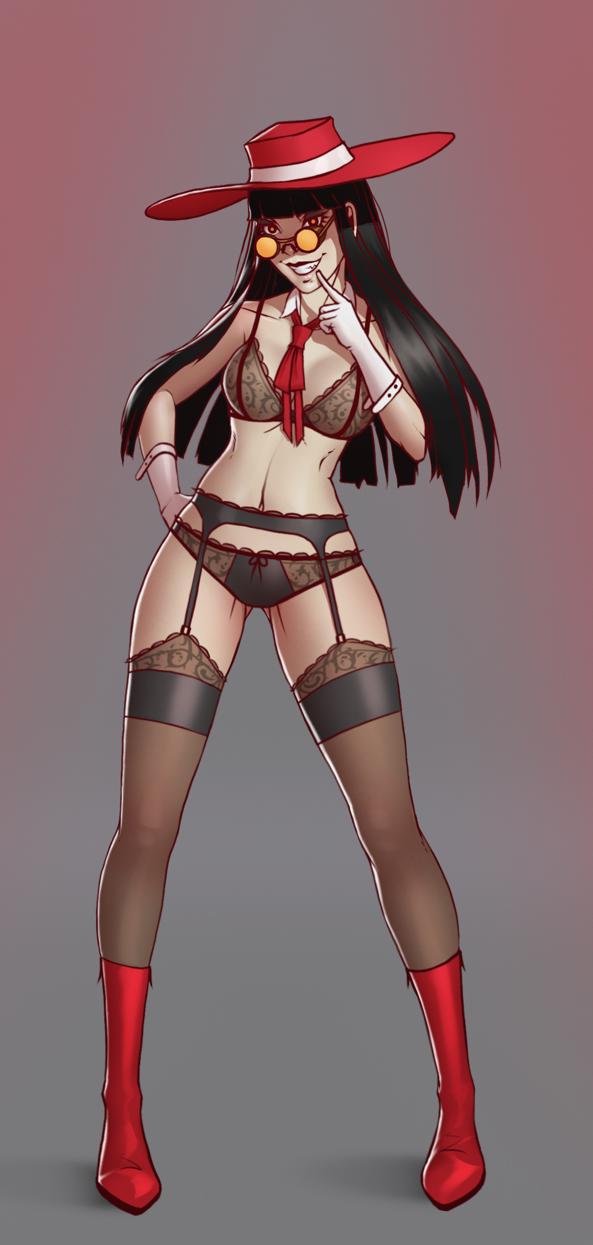 1girls, 2025, 2d, 2d (artwork), bangs, big breasts, black hair, black legwear, black panties, breasts, fang, female, female only, garter belt, garter straps, girlycard, glasses, gloves, hat, heels, hellsing, lingerie, lingerie only, long hair, looking at viewer, no sex, pale skin, pale-skinned female, panties, round glasses, seductive, simple background, smile, smiling at viewer, standing, stockings, straight hair, themaestronoob, thighhighs, vampire, vampire girl, white gloves