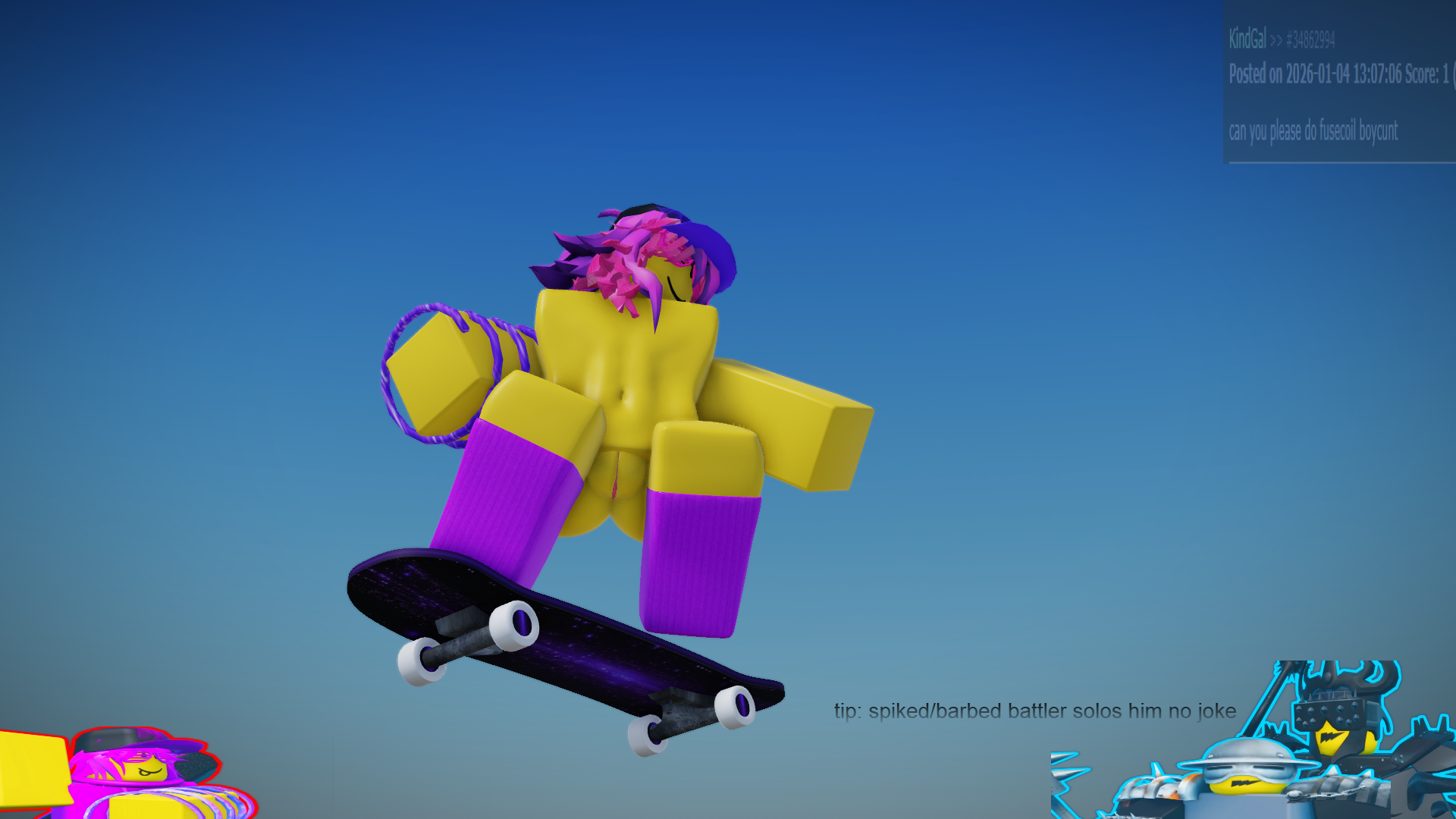 3d, 3d (artwork), arrymix, ass, cuntboy, english text, flat chest, fusecoil (the battle bricks), hat, no nipples, pussy, reference image, request, roblox, roblox game, robloxian, rule 34 comment, self upload, short hair, skateboard, stomach, tagme, the battle bricks, thighhighs, thighs