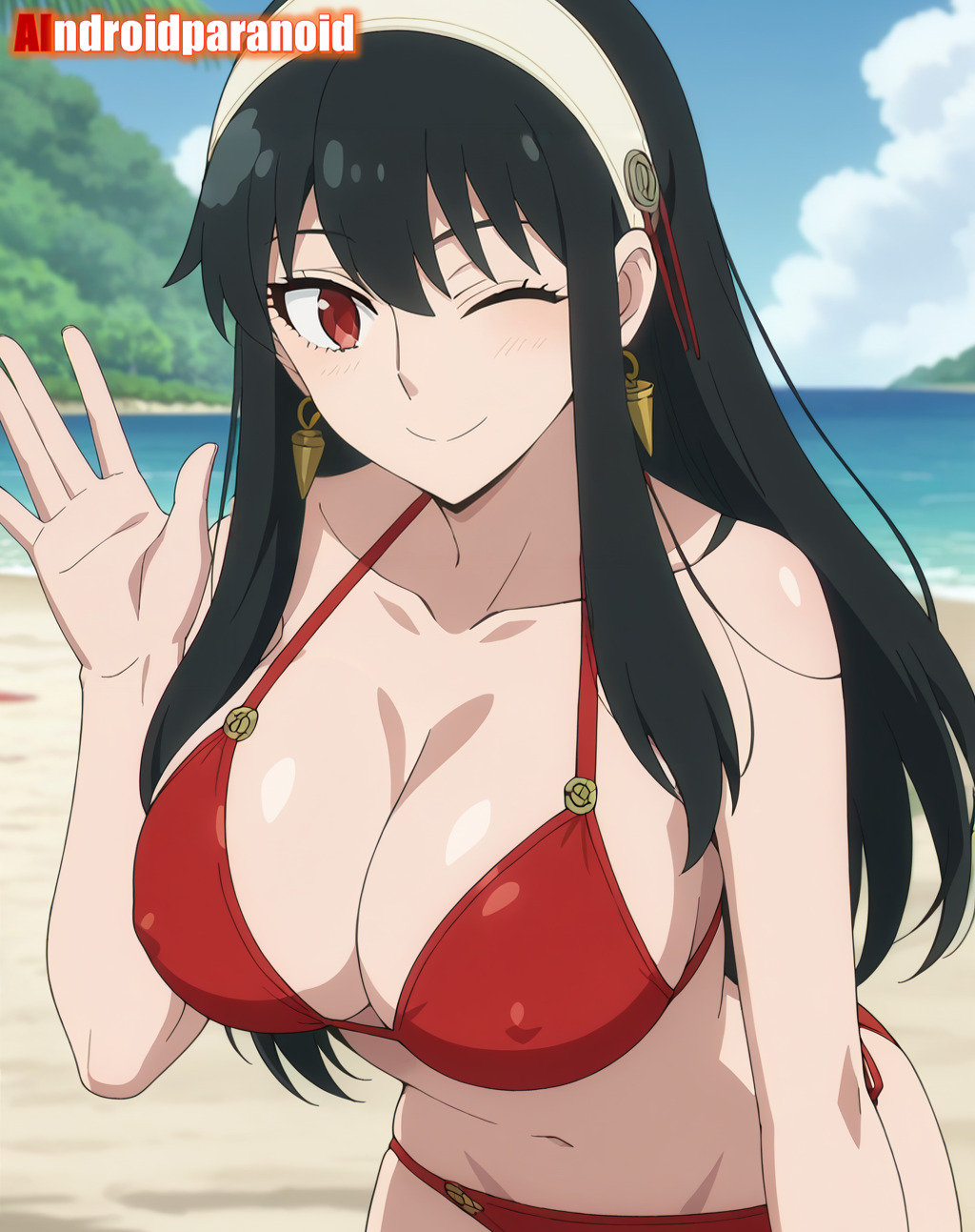 1girls, 2025, ai generated, aindroidparanoid, anime, beach background, belly, black eyebrows, black-haired female, closed mouth, closed mouth smile, crunchyroll, eyebrows visible through hair, female, female only, golden earrings, instagram, looking at viewer, manga, meta, mouth closed, one eye closed, red bikini, red-eyed female, smile at viewer, smiling at viewer, solo, spy x family, tummy, waving at viewer, white hairband, winking at viewer, yor briar, yor forger