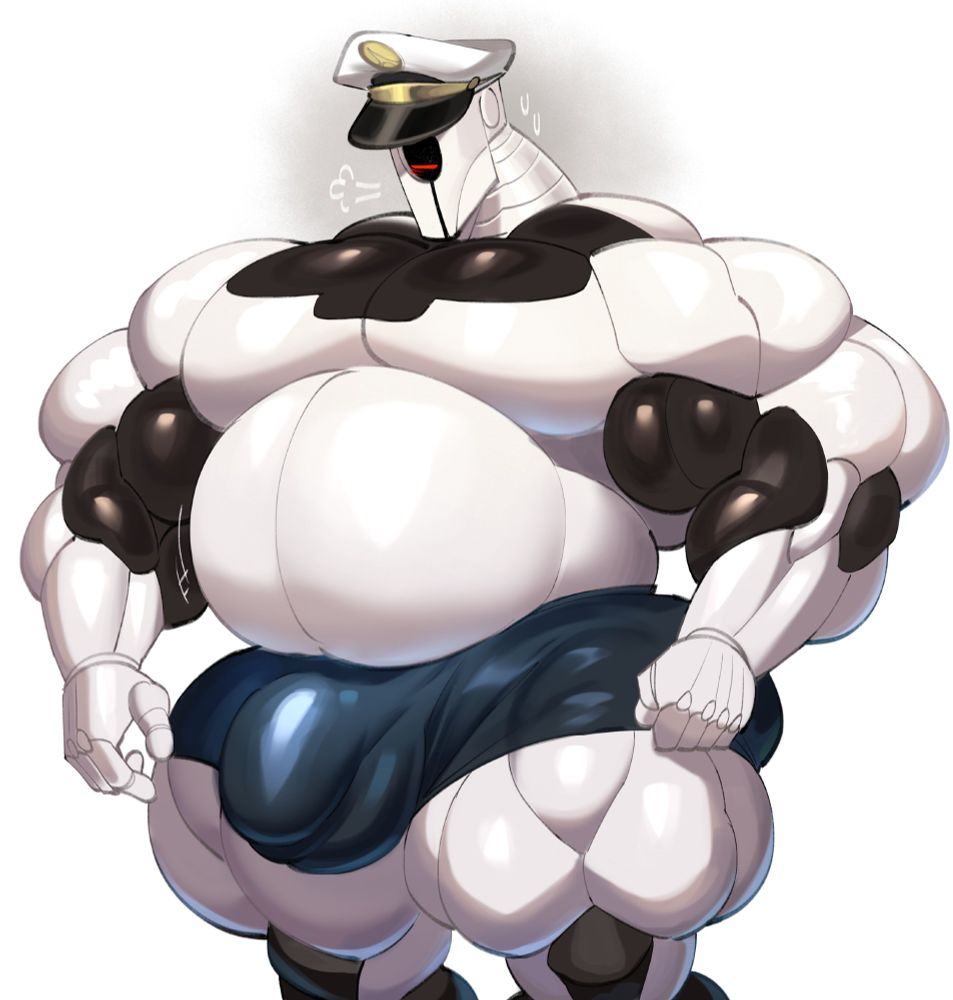 1boy, auto (wall-e), bara, belly, big belly, big bulge, bulge, bulge through clothing, dad bod, dymitr3, fat, gay, hat, male, male focus, male only, musclegut, overweight, robot, robot boy, solo, solo focus, solo male, underwear, yaoi