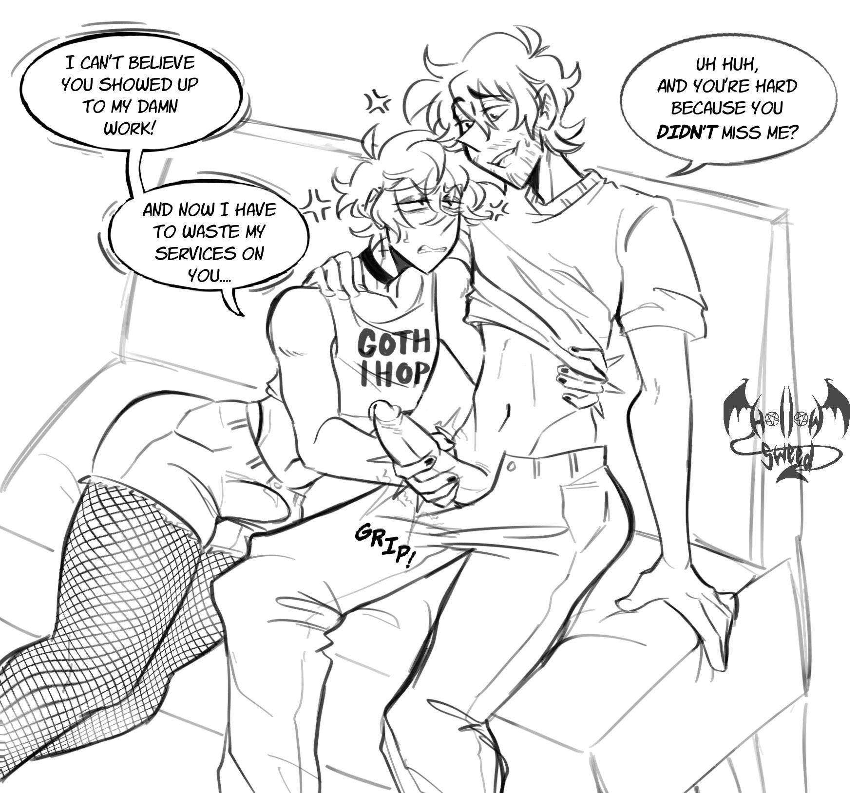 annoyed, black and white, blush, clothed sex, cum, dialogue, emo, facial hair, femboy, fishnets, gay, gay sex, goth, handjob, hollow sweed, jerking, lazarus (hollow sweed), male, male only, oc, penis, precum, prostitution, restaurant, skinny, sweat, teasing, yaoi