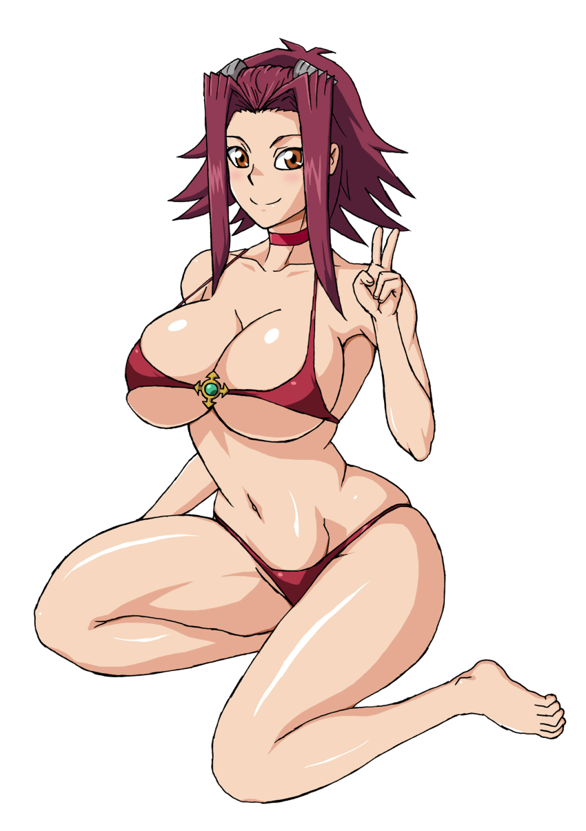 akiza_izinski around_neck big_breasts bikini blush brown_eyes cleavage female female_focus female_only full_body huge_breasts izayoi_aki kneeling konami large_breasts long_hair naruho neck_ribbon peace_sign red_bikini red_hair short_hair smile smiling smirk solo_female swimsuit uncensored v yu-gi-oh! yu-gi-oh!_5d's yuu-gi-ou yuu-gi-ou_5d's