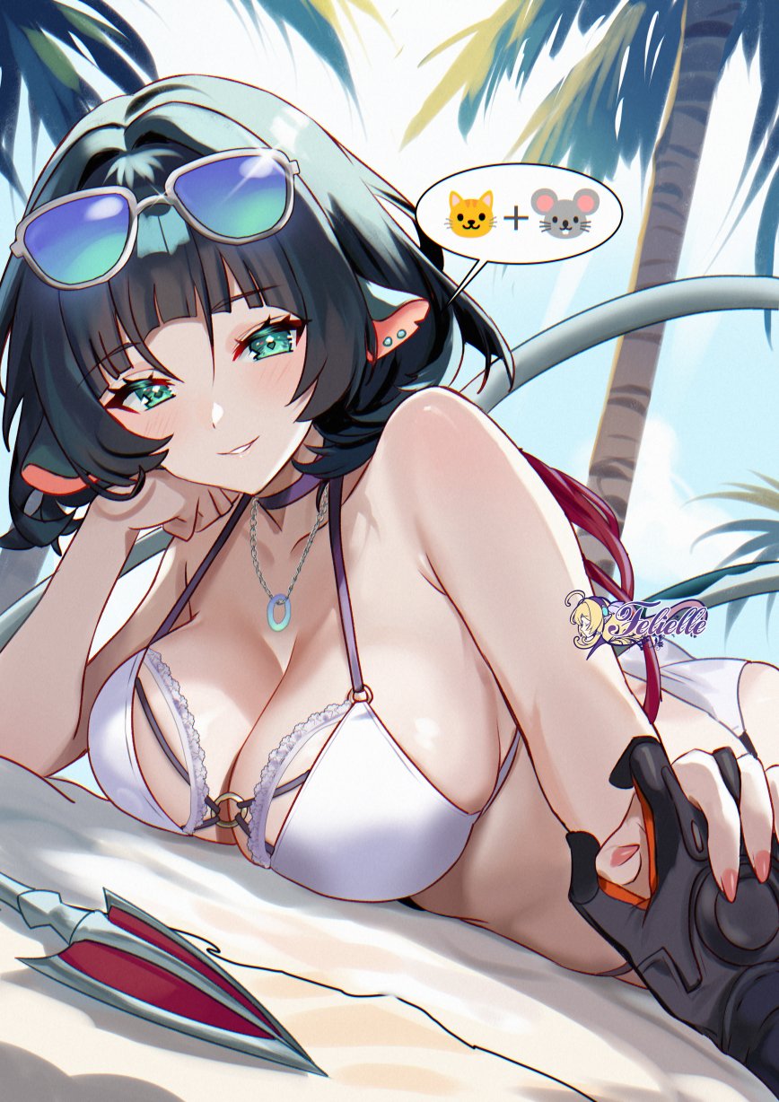 1boy, 1girls, background, beach, bikini, breasts, detailed background, felielle, feline, female, goggles, goggles on head, hand on hand, jane doe (zenless zone zero), light skin, light-skinned female, male, palm tree, pov, pov male, rat, rat ears, rat tail, seth lowell, zenless zone zero